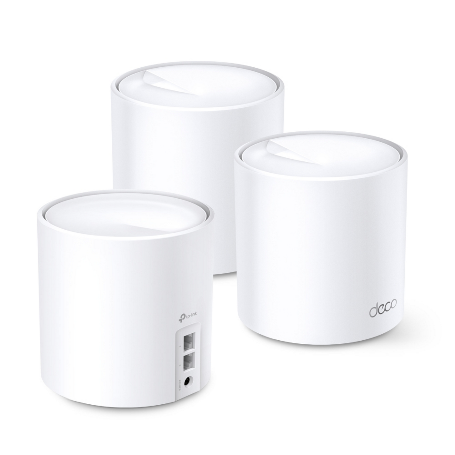 Drei weiße zylindrische Wi-Fi Mesh-Geräte mit glattem Design.