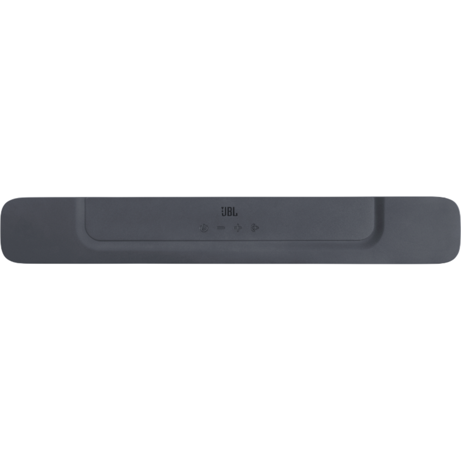 Ciemnoszary soundbar z przyciskami na górze, na czarnym tle. Widoczne logo JBL.