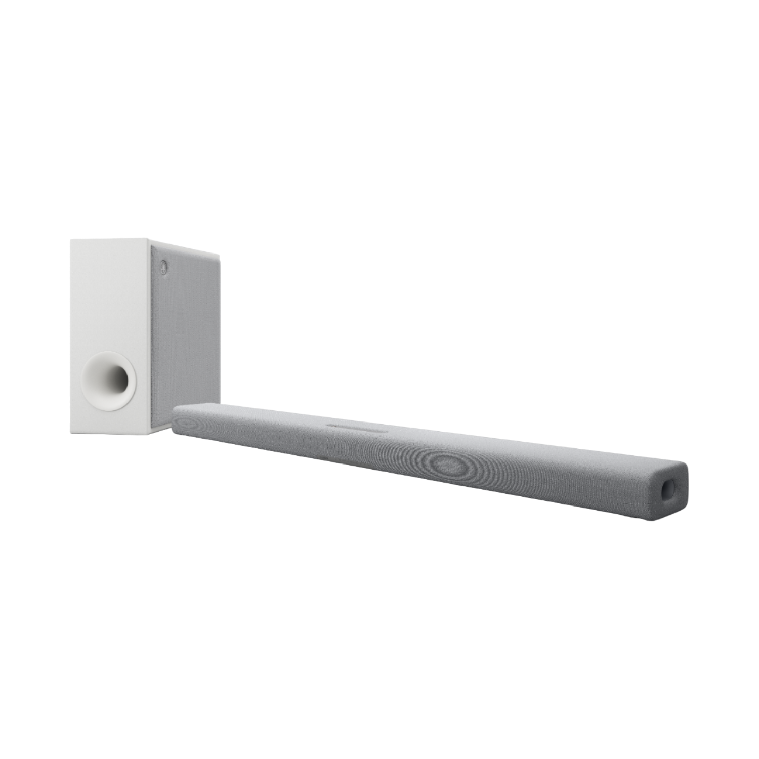 Una soundbar e un subwoofer bianchi su sfondo nero.