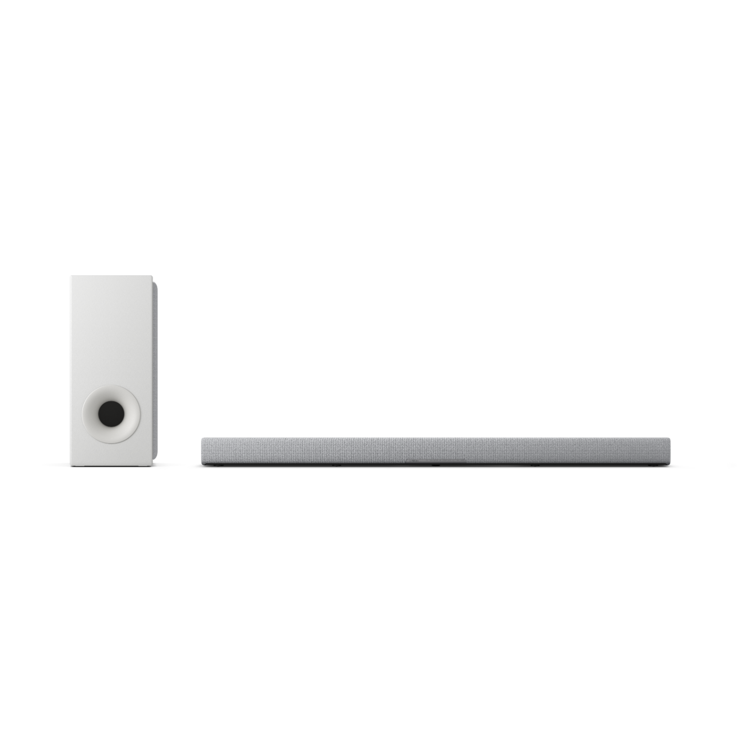 Una soundbar e un subwoofer bianchi su sfondo bianco.