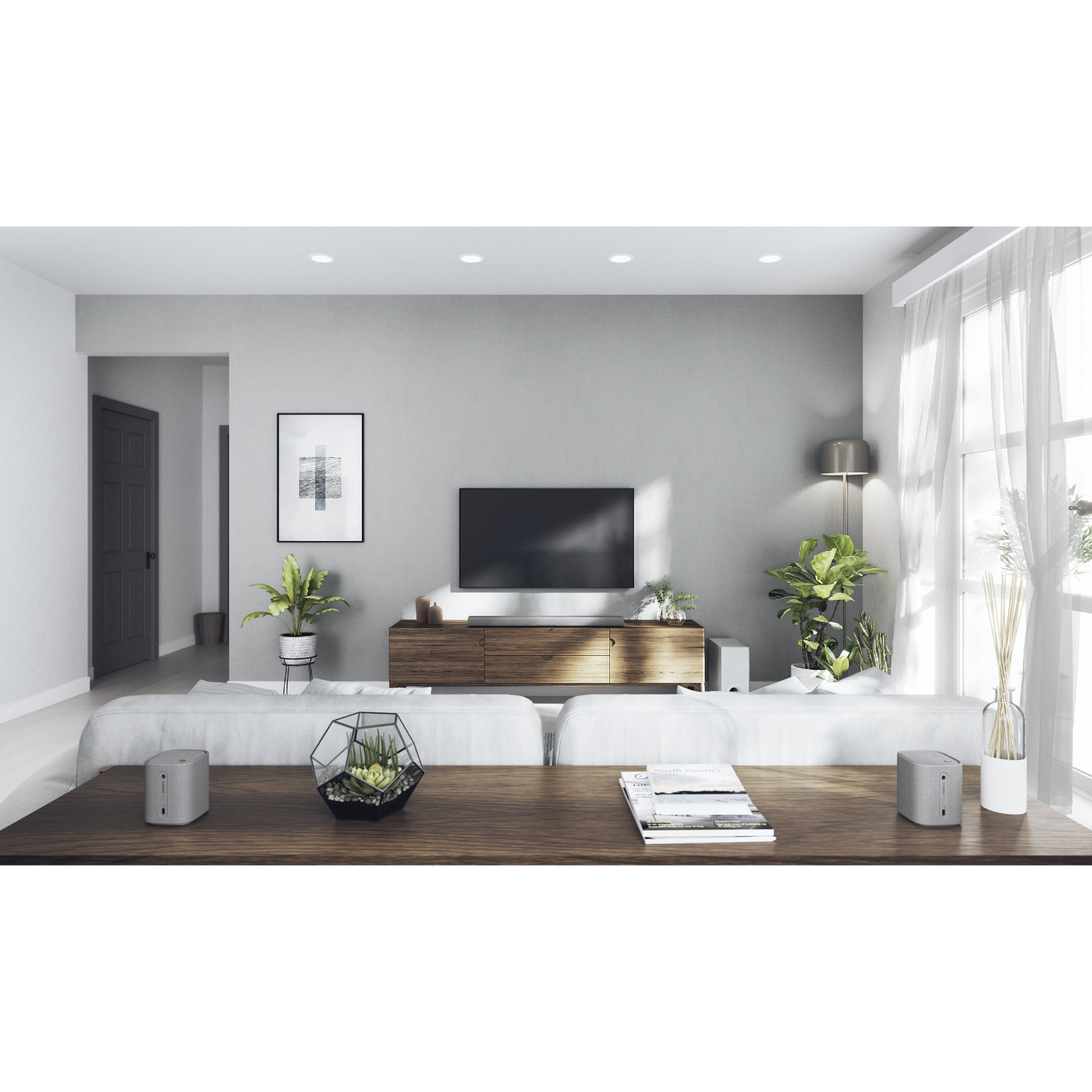 Soggiorno con divano, TV, piante e decorazioni. Luce naturale dalla finestra.