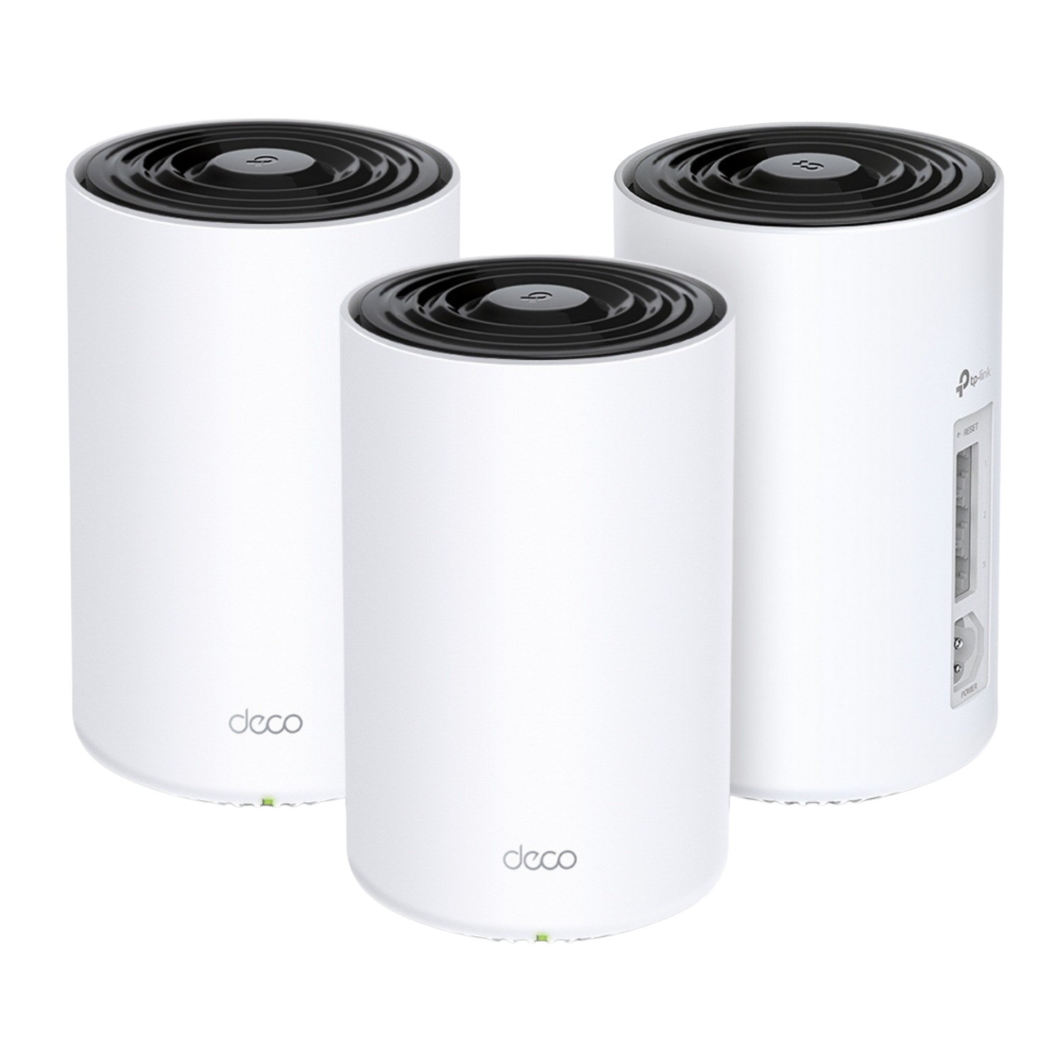 Drei weiße Deco Mesh-WLAN-Router mit schwarzen Oberteilen, angeordnet auf schwarzem Hintergrund.