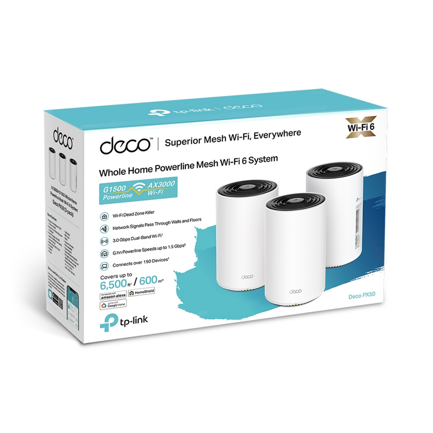 Karton mit Deco Wi-Fi 6 System, mit drei weißen Deco-Einheiten.