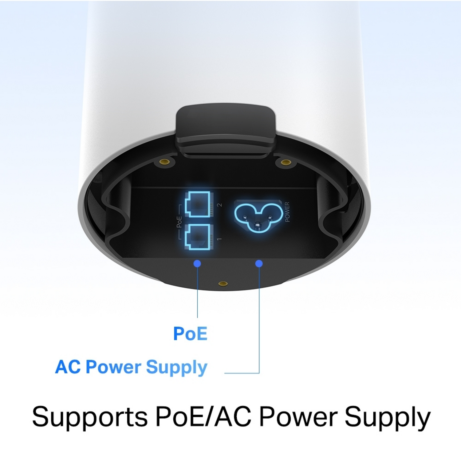 Close-up van een apparaatbasis met PoE, AC-voedingspoorten en labels.