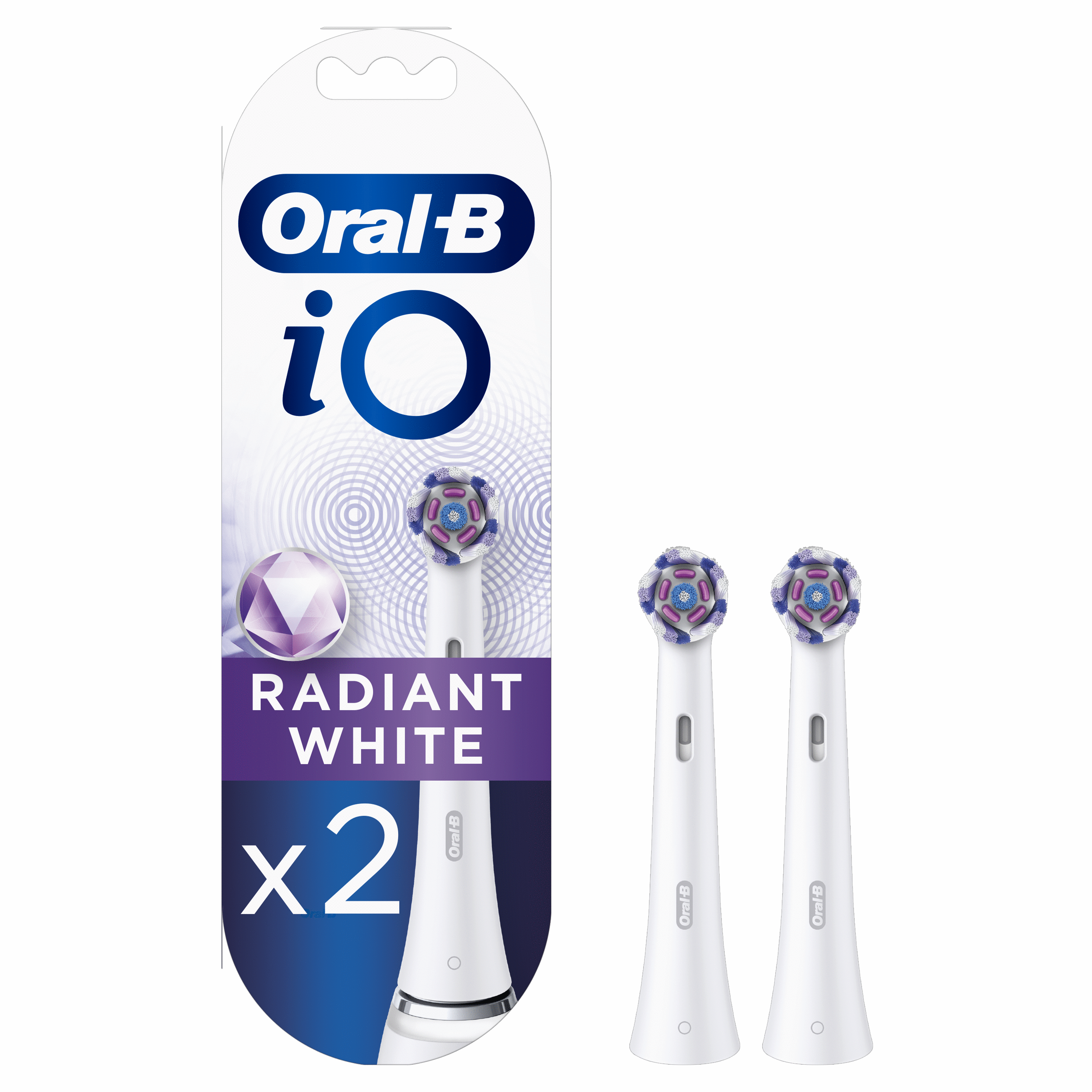 Dwie głowice szczoteczki do zębów Oral-B iO radiant white w opakowaniu. Kolory biały i fioletowy.