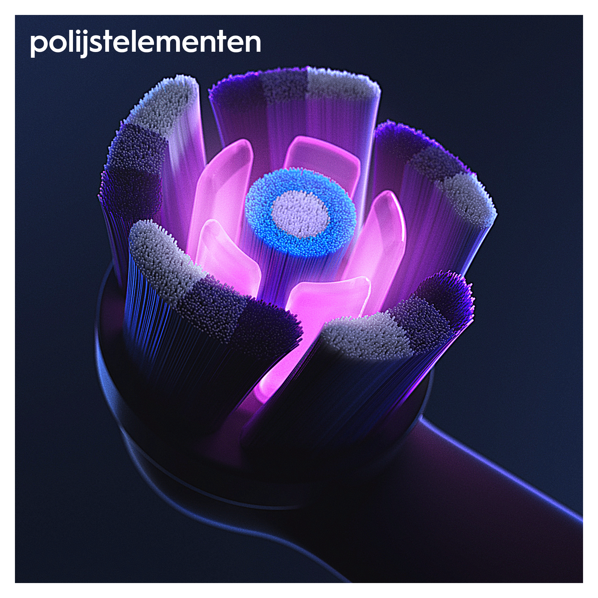 Zbliżenie główki szczoteczki do zębów z fioletowym i niebieskim włosiem, podświetlone.