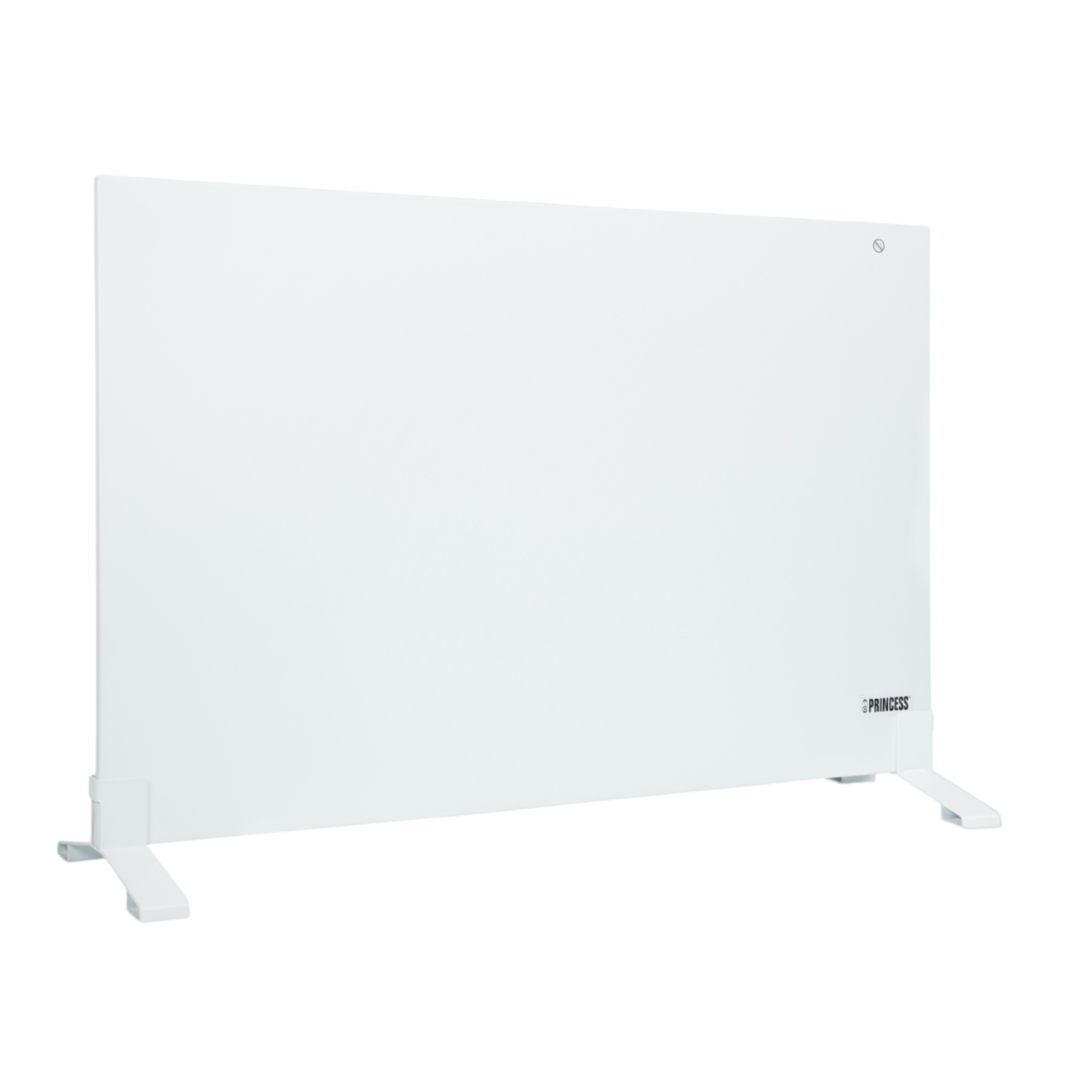 White rectangular heater with two feet on a black background. Princess logo is at the right.