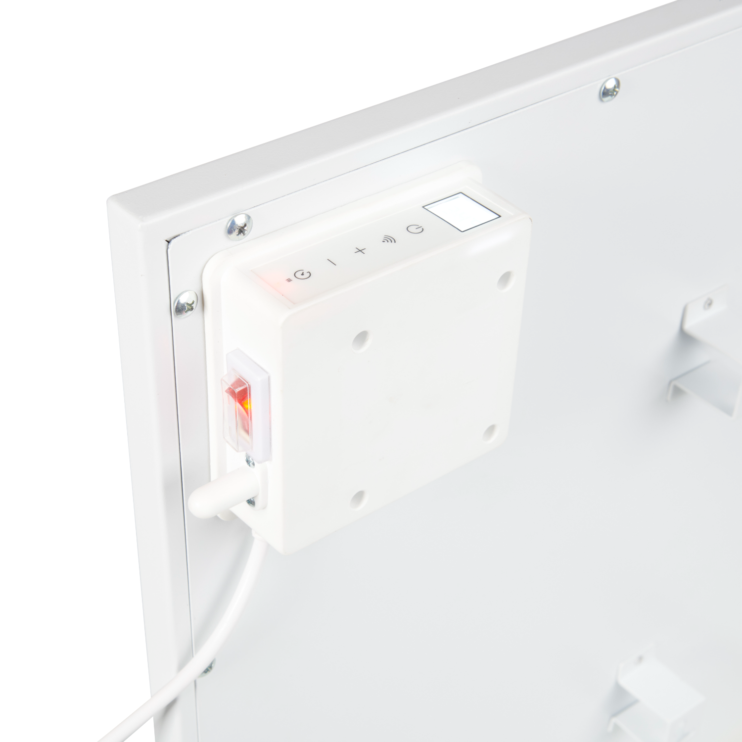 White electric heater with a control panel and power switch.