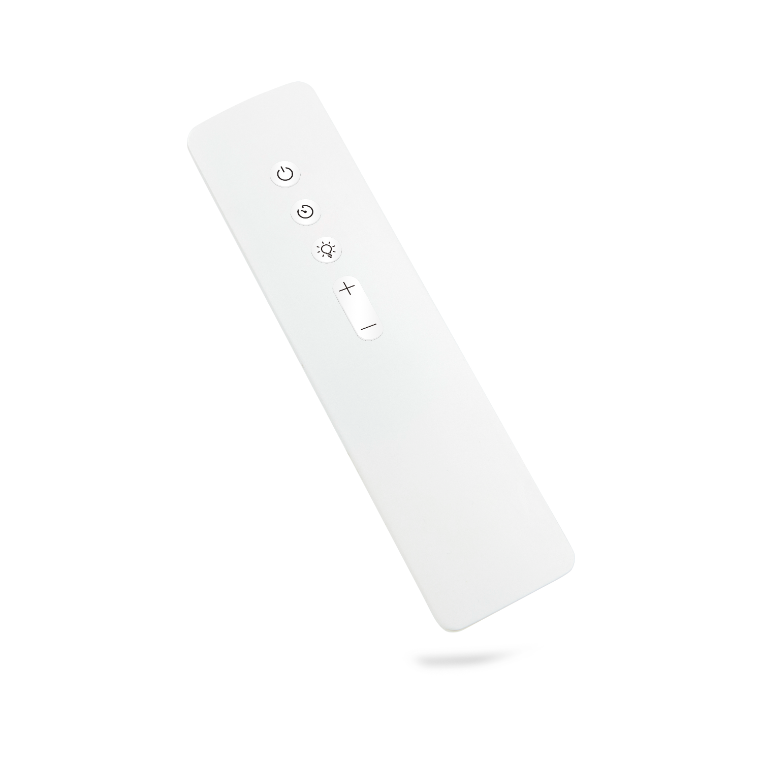 White remote control. Has power, light, and volume controls. It is angled.