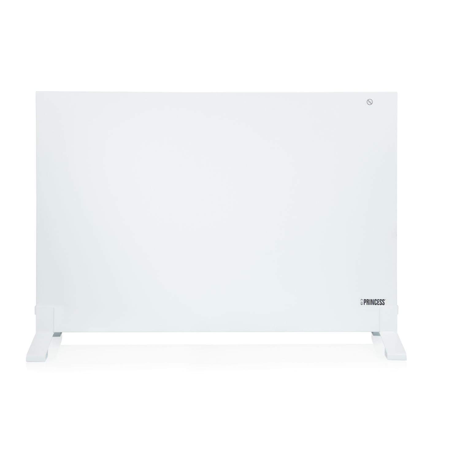 White electric heater standing on the floor. It has a simple design. White background.