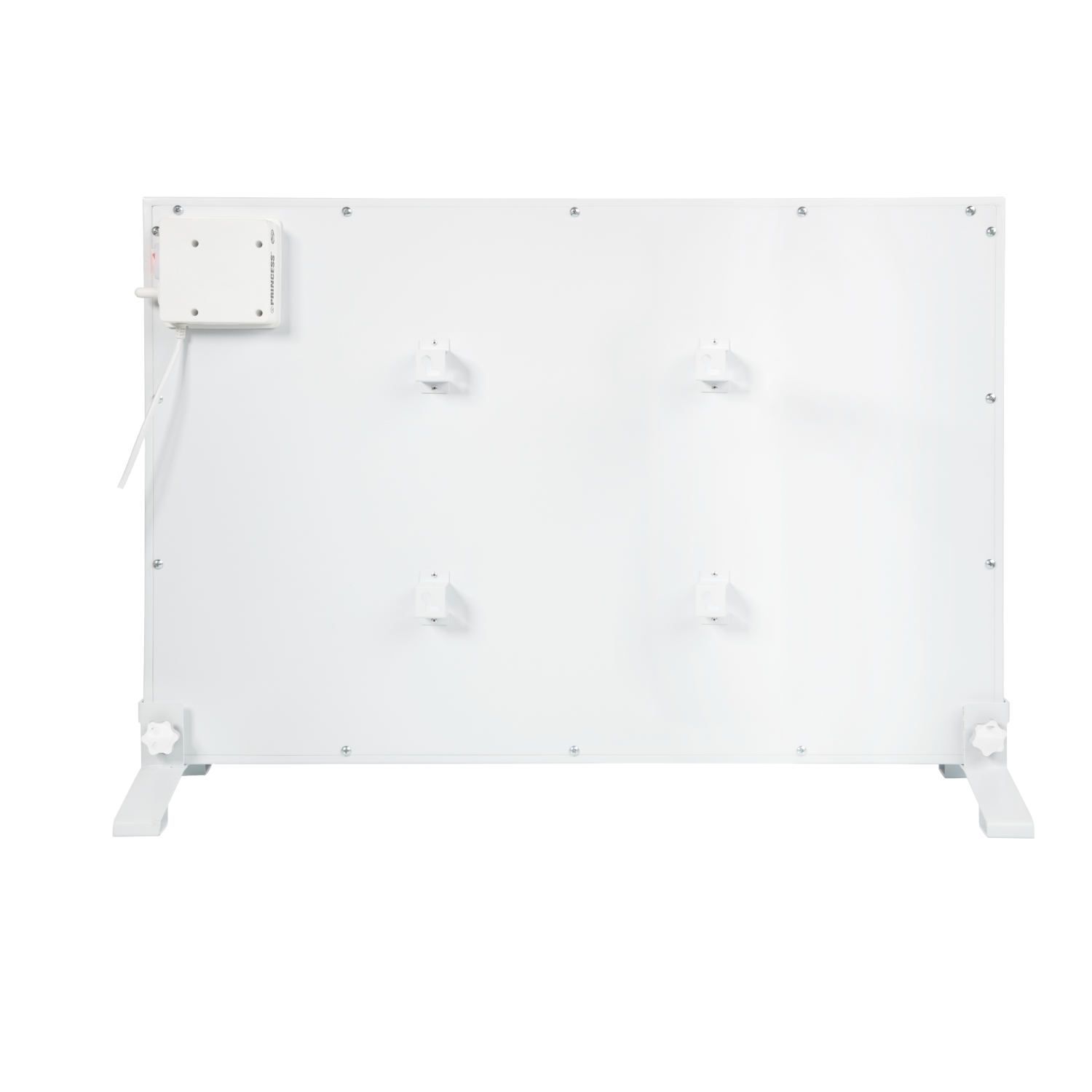 White rectangular heater. It has a control panel and legs. Background is white.