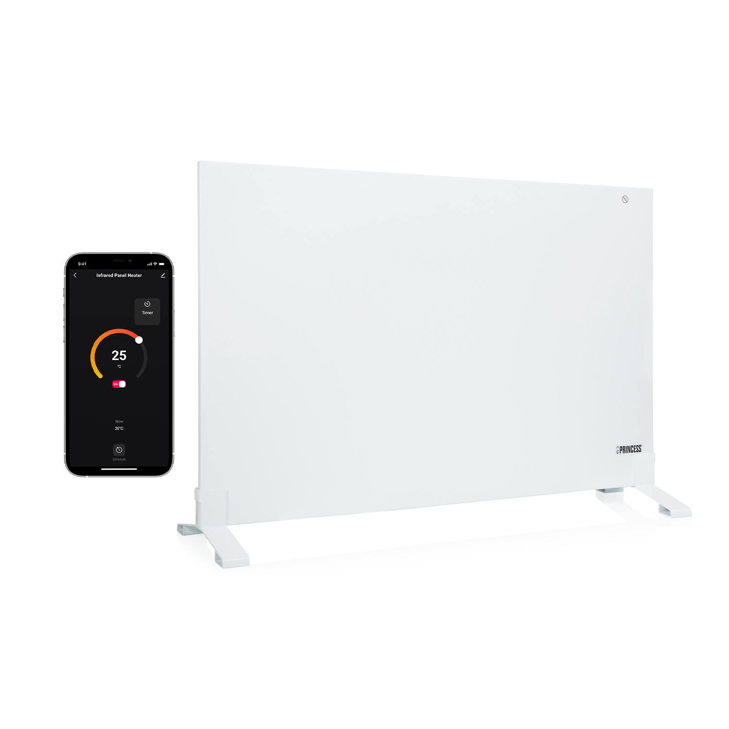White panel heater with a smartphone showing temperature settings and a timer.