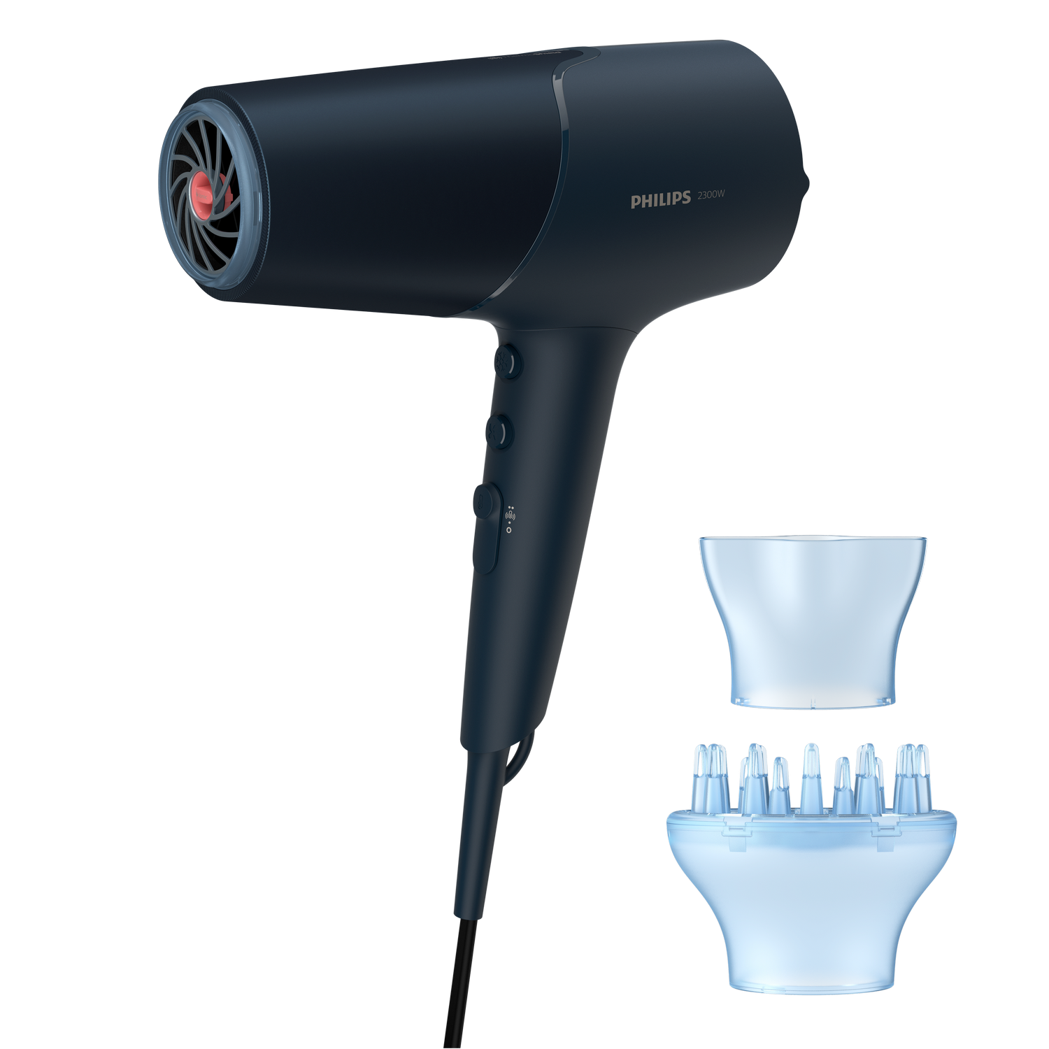 Ciemnoniebieska suszarka do włosów z dwoma nasadkami. Dyfuzor i koncentrator. Czarne tło.