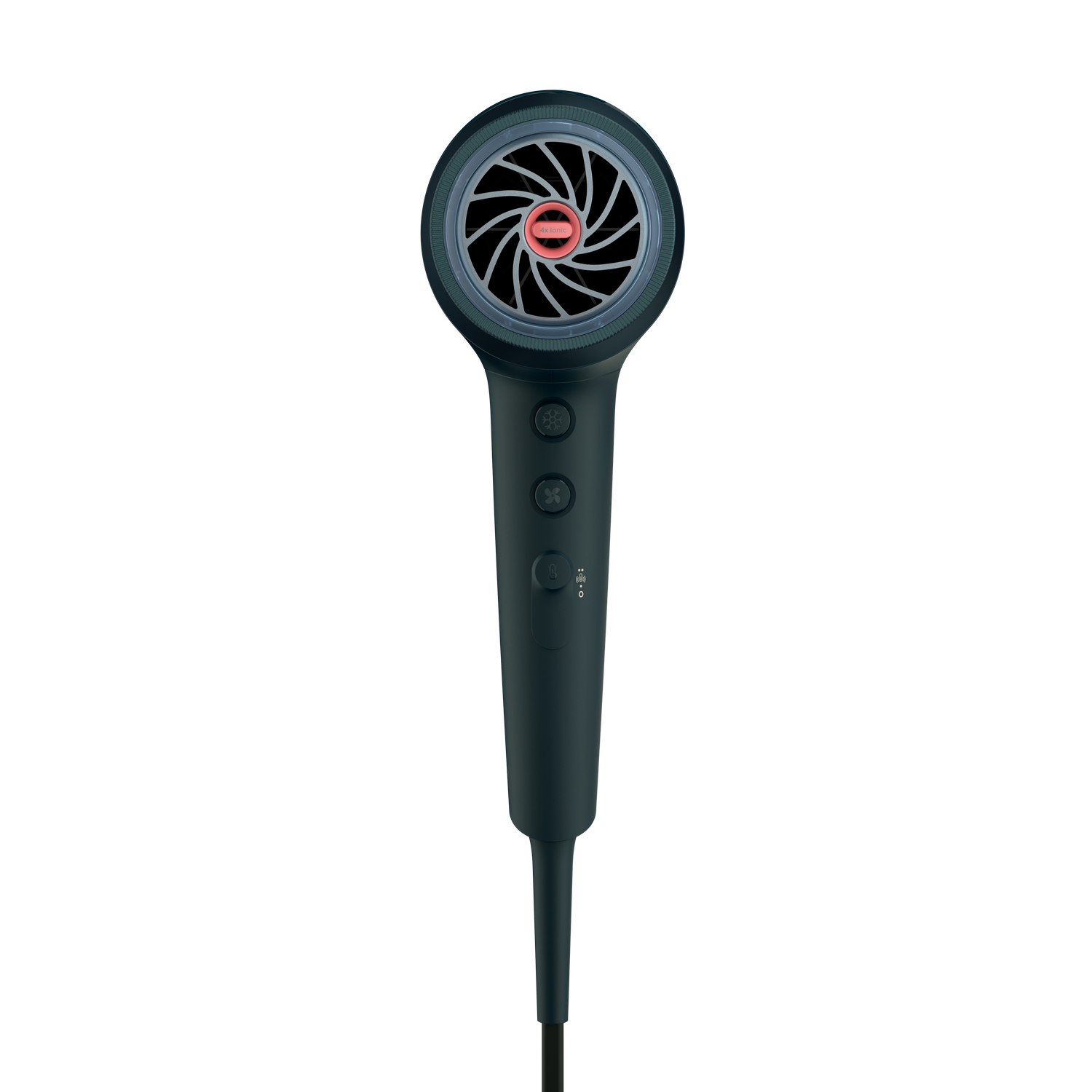 Czarna suszarka do włosów z okrągłą głowicą i kilkoma przyciskami na uchwycie. Czarne tło.