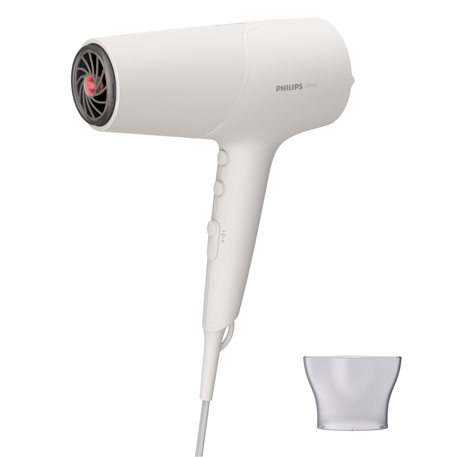 Biała suszarka do włosów z dyszą koncentrującą. Na czarnym tle.