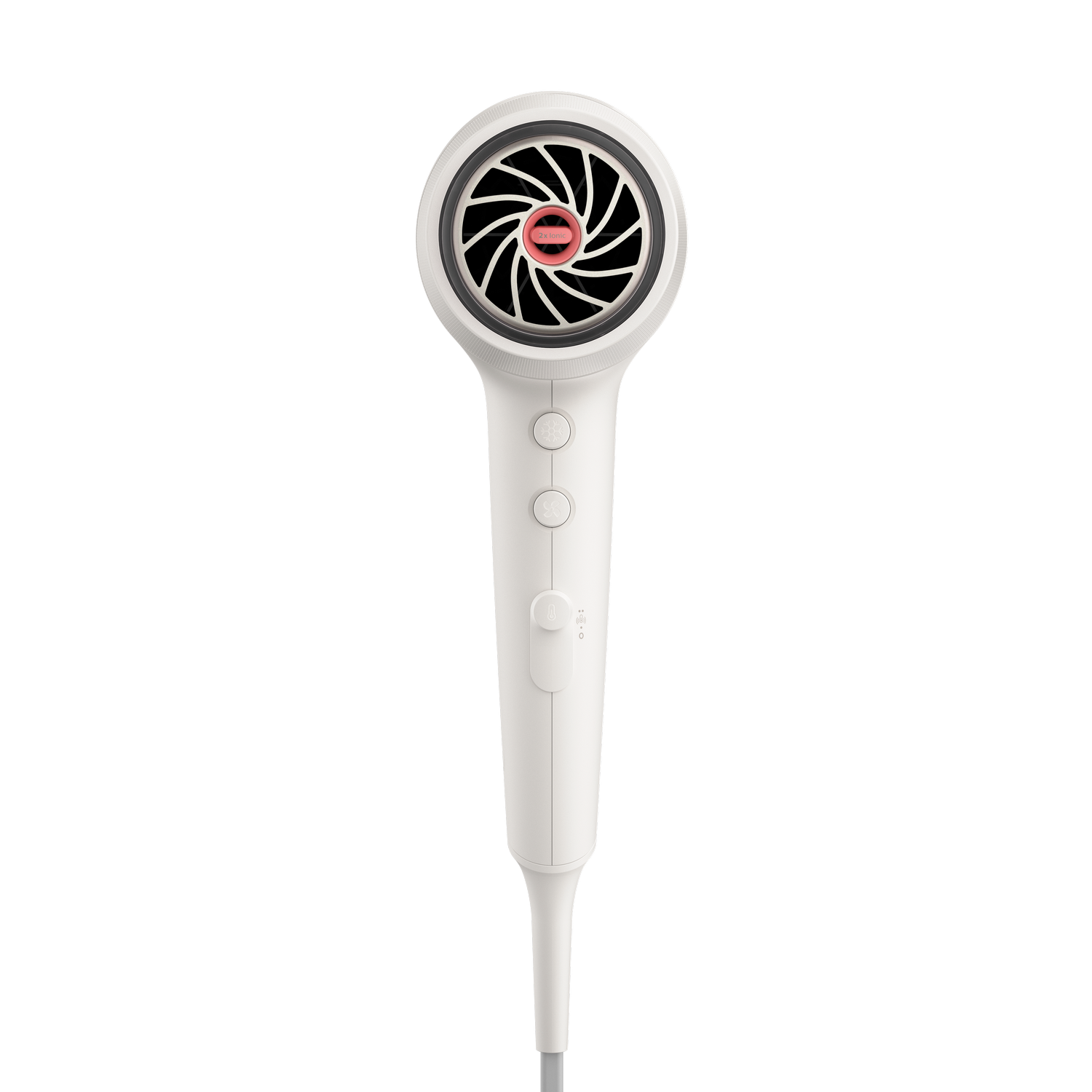 Biała suszarka do włosów, widok z góry, z okrągłym wentylatorem i przyciskami.