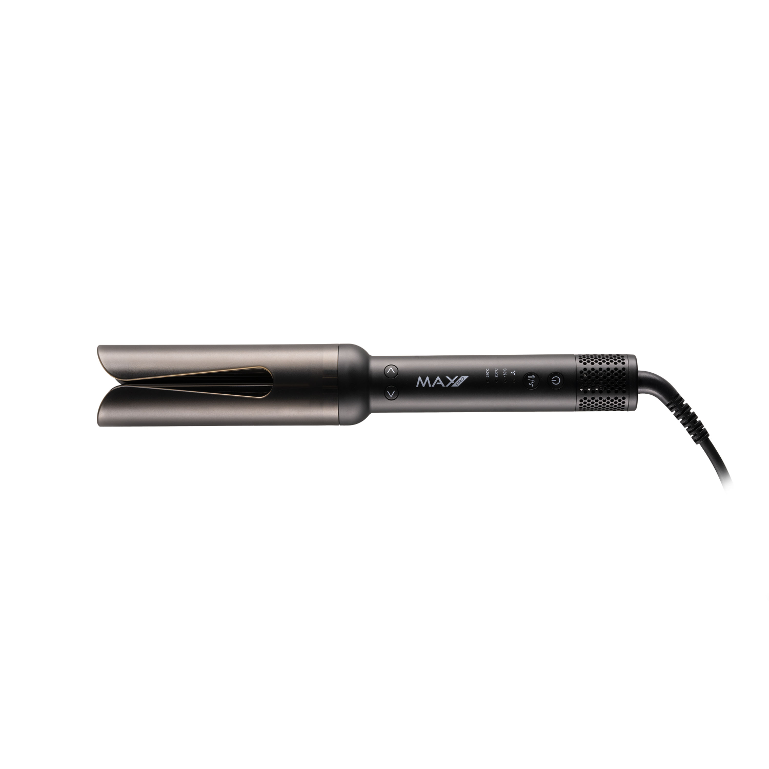 Haar-Lockenstab mit schlankem Design. Es ist schwarz mit silbernem Finish.