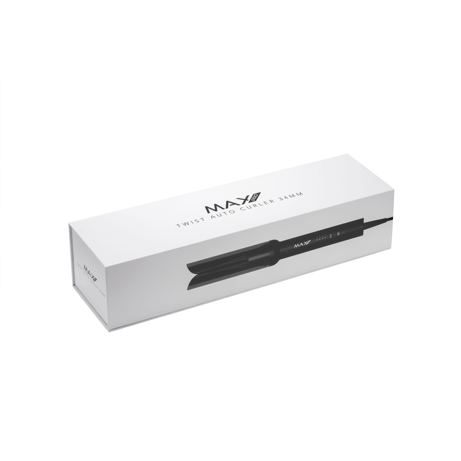 Weiße Box für einen Lockenstab. Die Box hat den Text 'MAX Twist Auto Curler 34MM'.