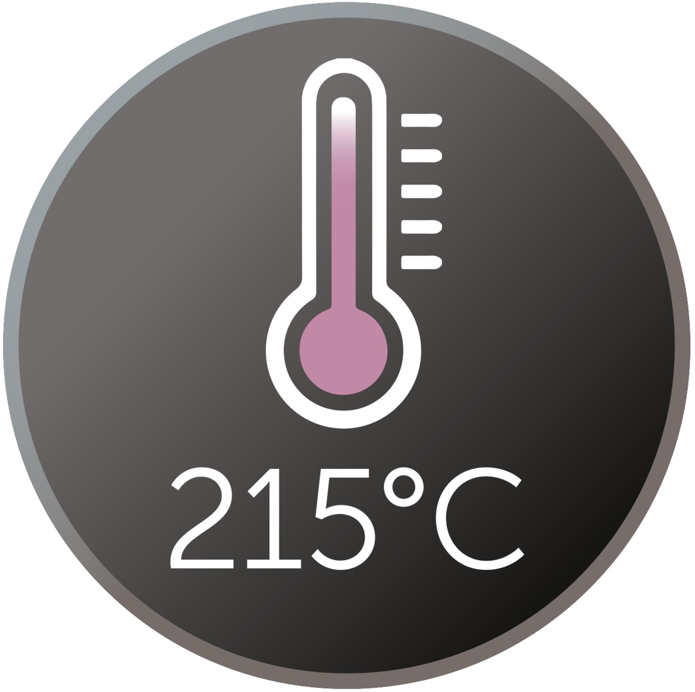 Thermometer-Symbol mit 215 Grad Celsius auf dunkelgrauem Hintergrund.