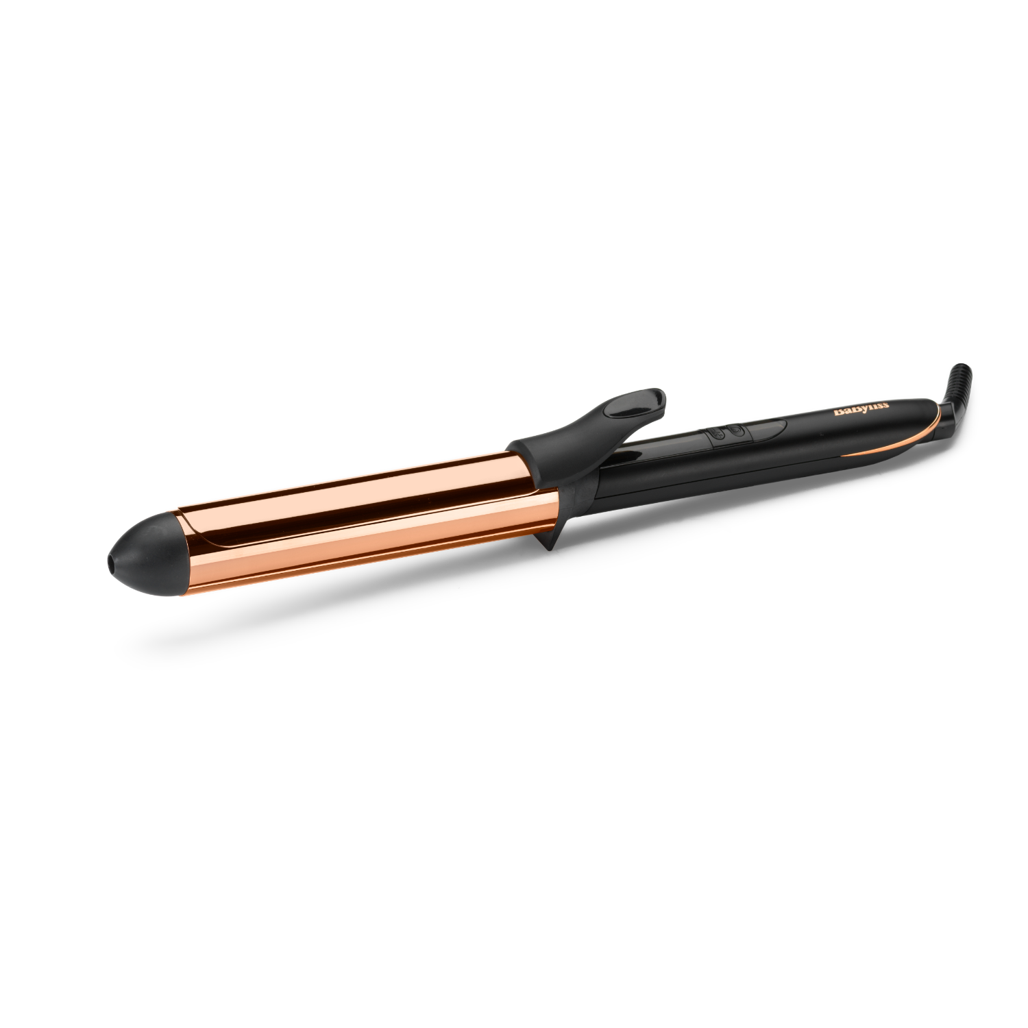 Czarna i różowo-złota lokówka na czarnym tle.