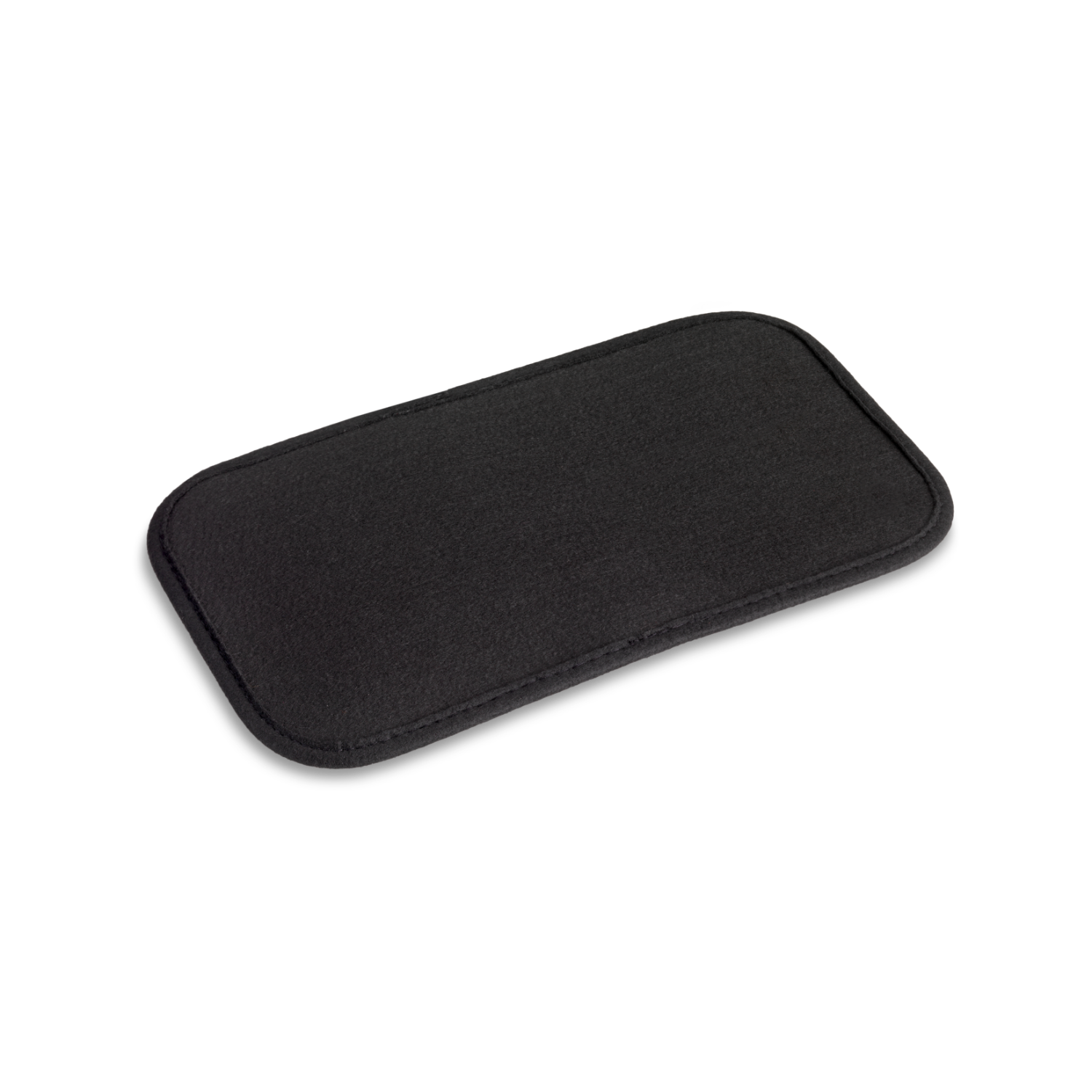 Czarna prostokątna podkładka pod mysz. Czarna, z szytymi krawędziami, na czarnym tle.