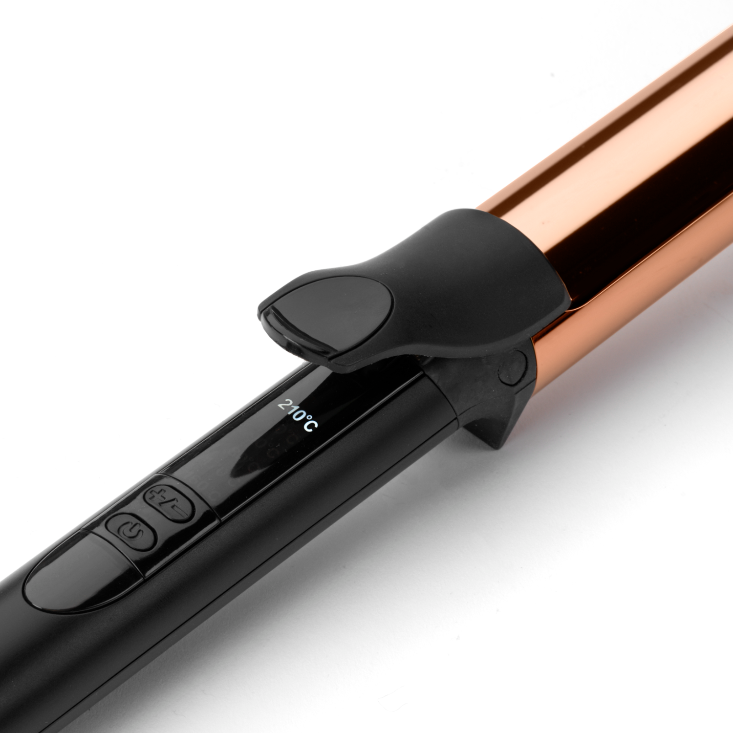 Zbliżenie lokówki z czarnym uchwytem i różowo-złotą lufą.