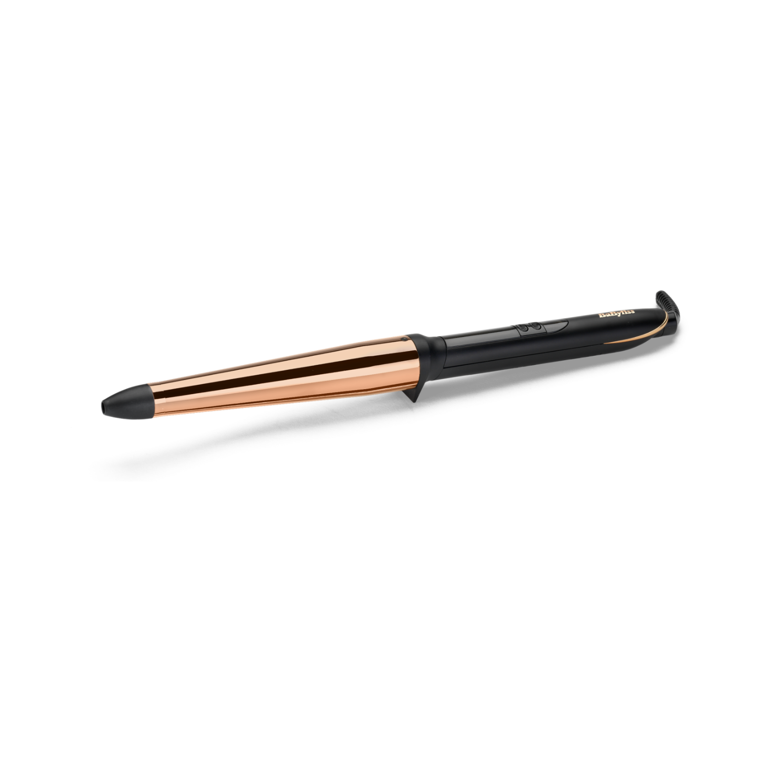 Czarna i złota lokówka z stożkową lufą na czarnym tle.