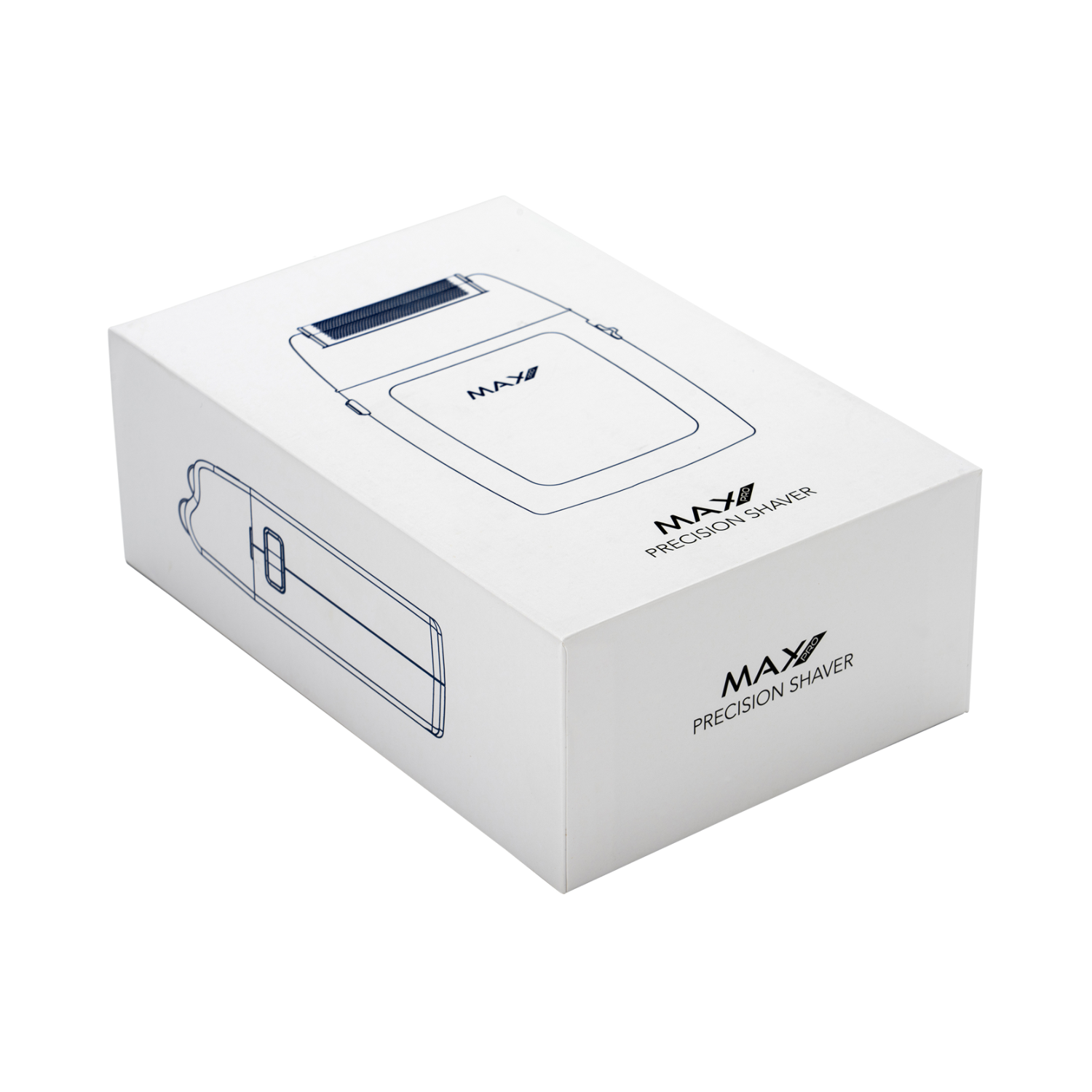 Eine weiße Box mit einer MAXI Präzisionsrasierer-Illustration, leicht angewinkelt.