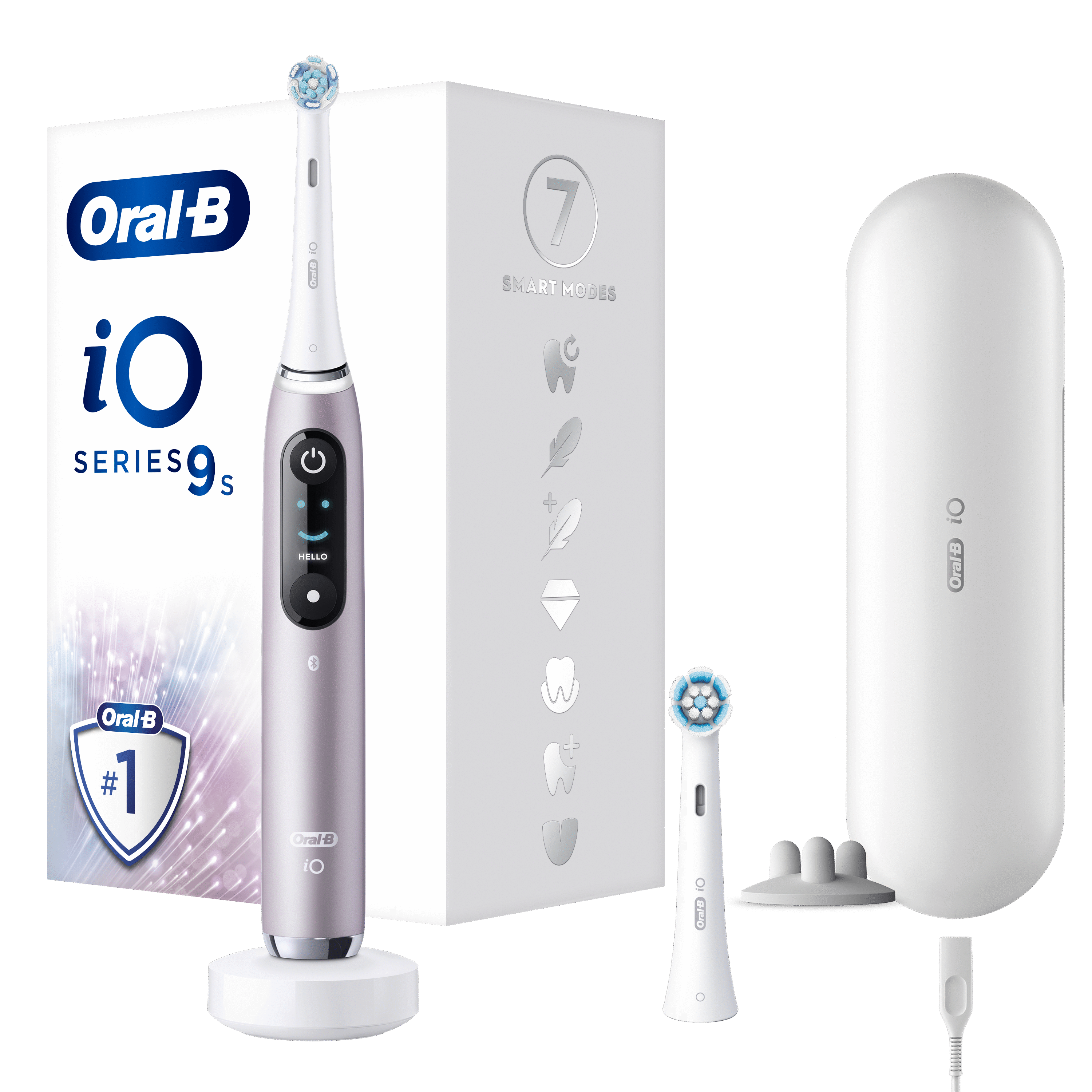 Zestaw szczoteczki Oral-B iO Series 9s z akcesoriami: końcówki i etui podróżne.