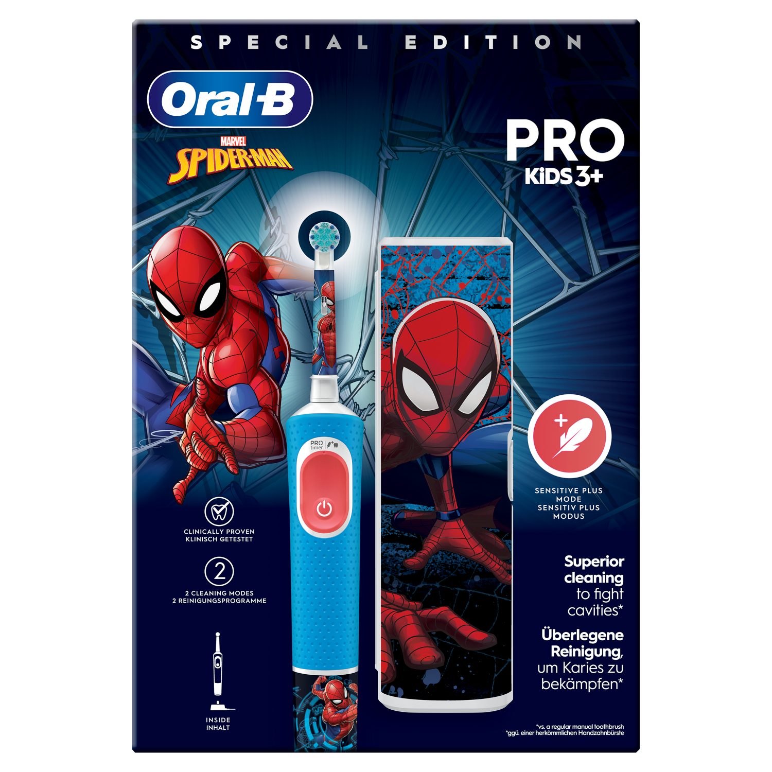Szczoteczka do zębów Oral-B Spider-Man. Niebieska szczoteczka ze zdjęciami Spider-Mana. Opakowanie ze Spider-Manem.