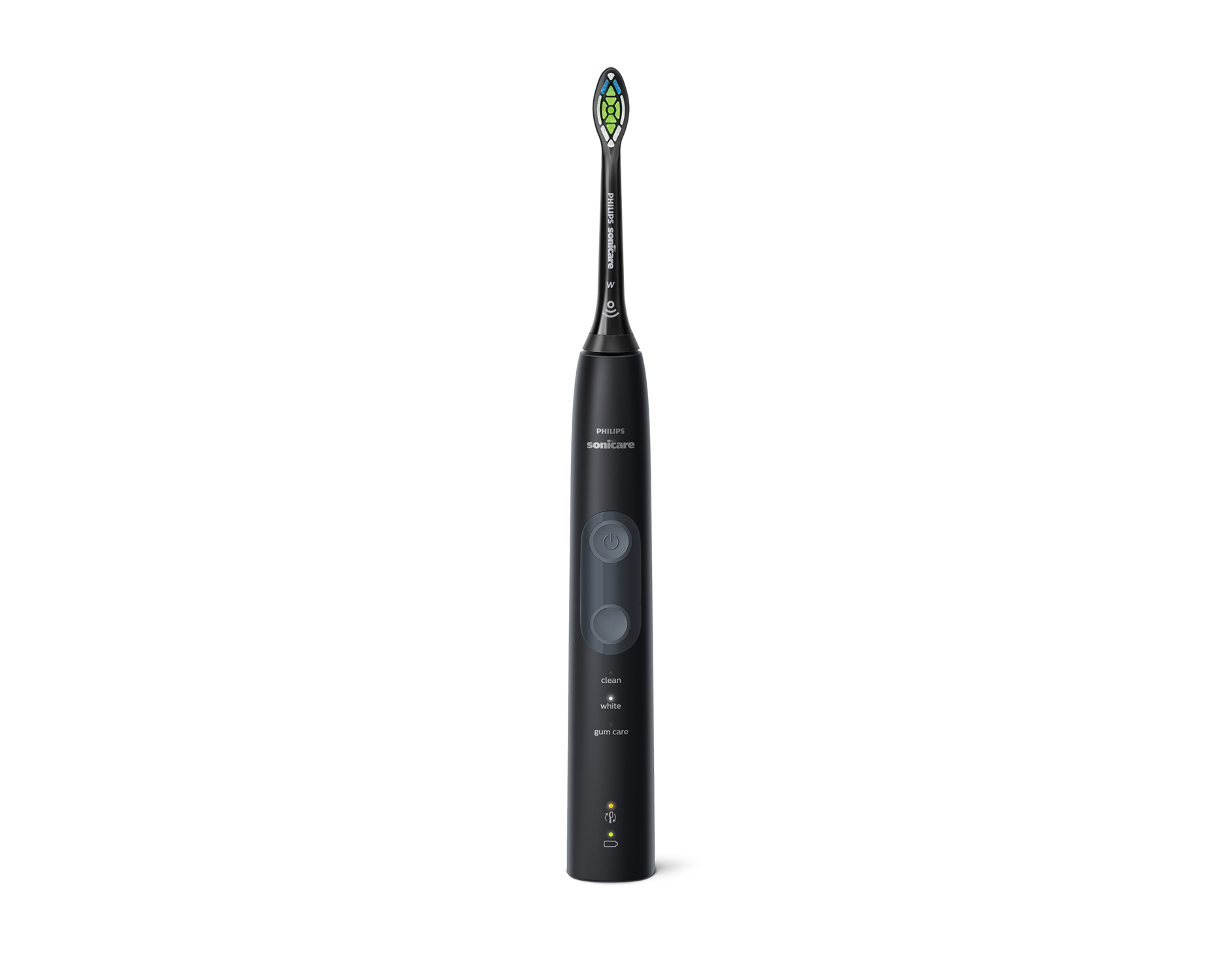 Spazzolino elettrico nero con comandi e testina con setole verdi, sfondo nero.