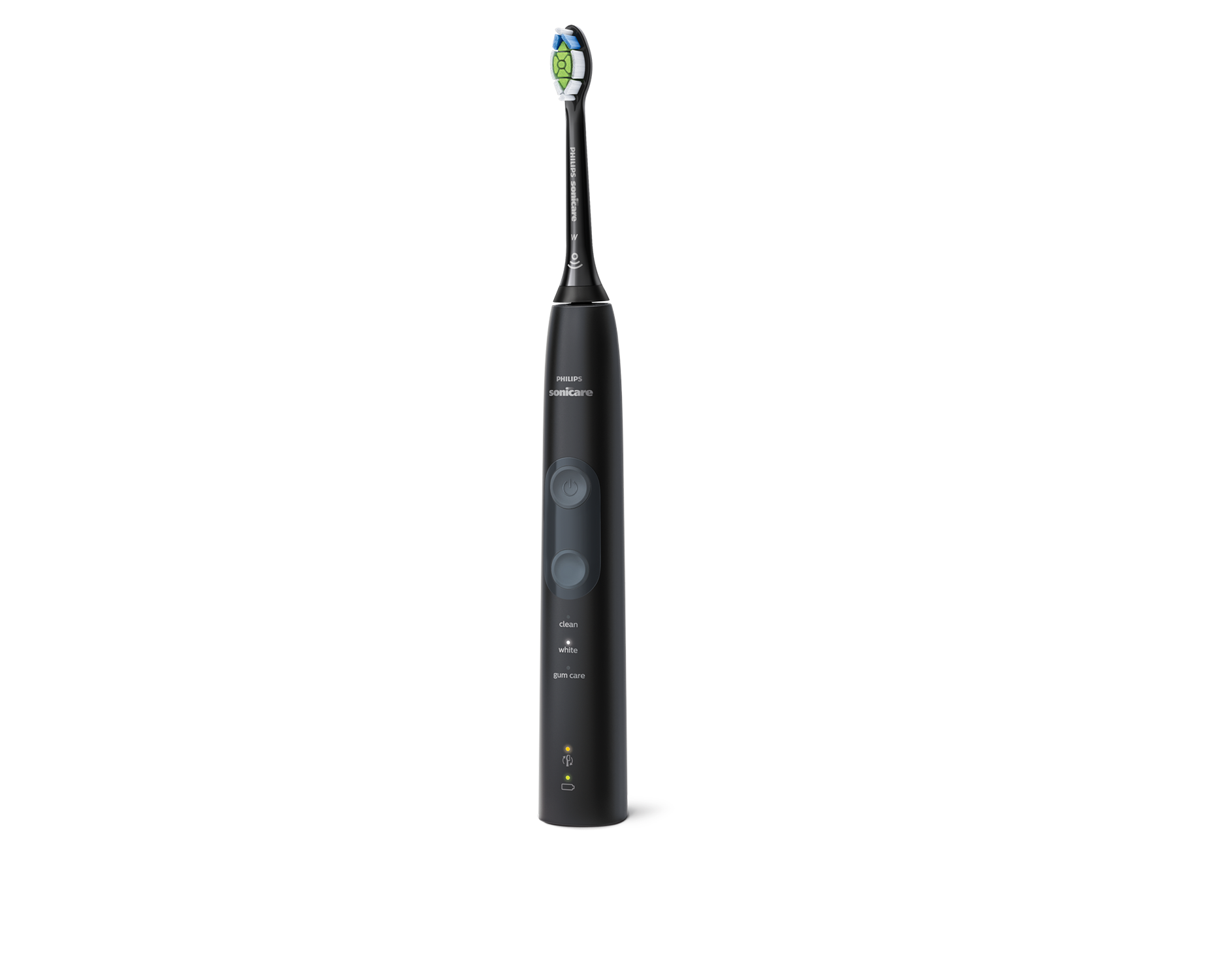 Uno spazzolino elettrico Philips Sonicare nero e una base di ricarica su sfondo nero.