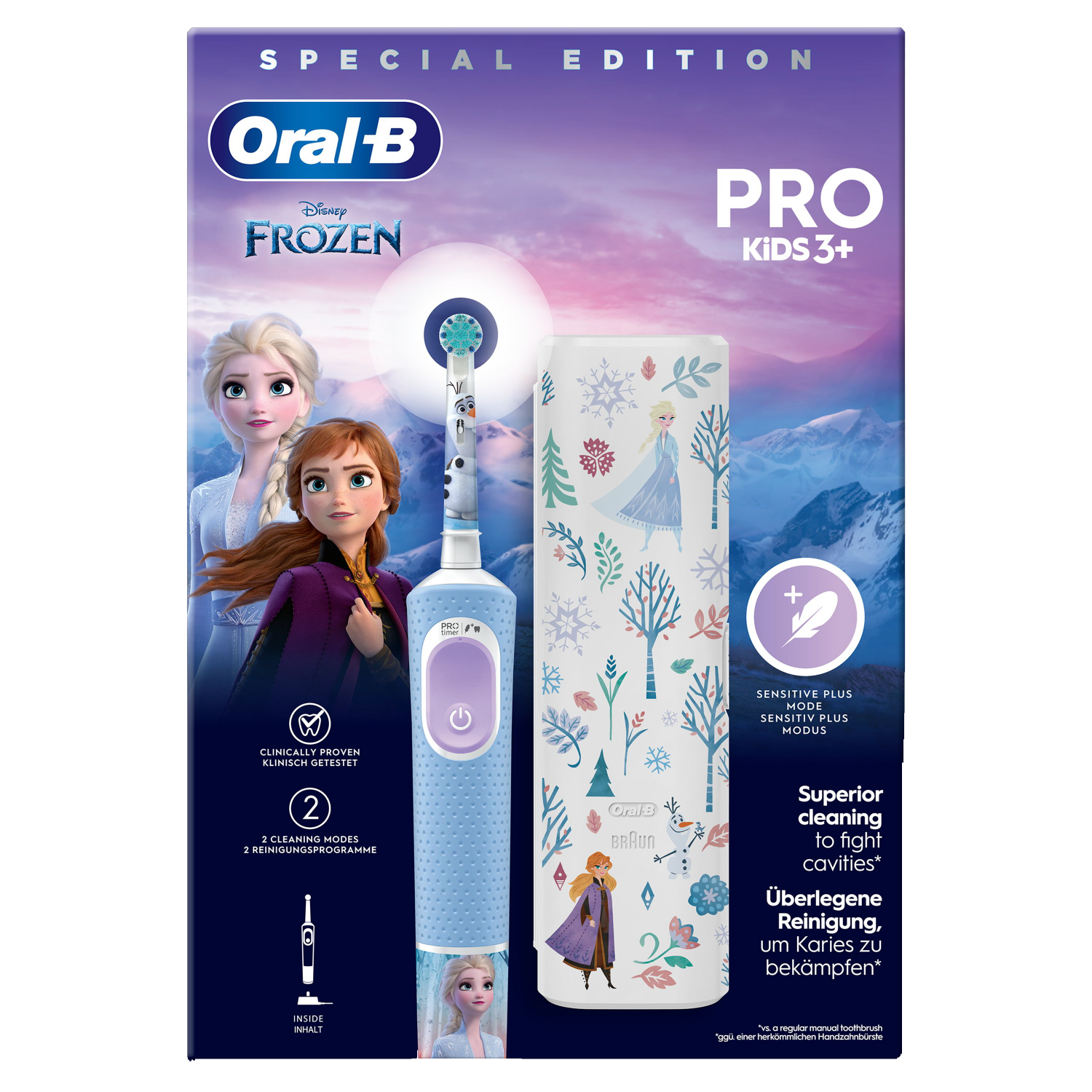 Elektryczna szczoteczka do zębów z postaciami z Krainy Lodu, etui i opakowanie z Elsą i Anną.