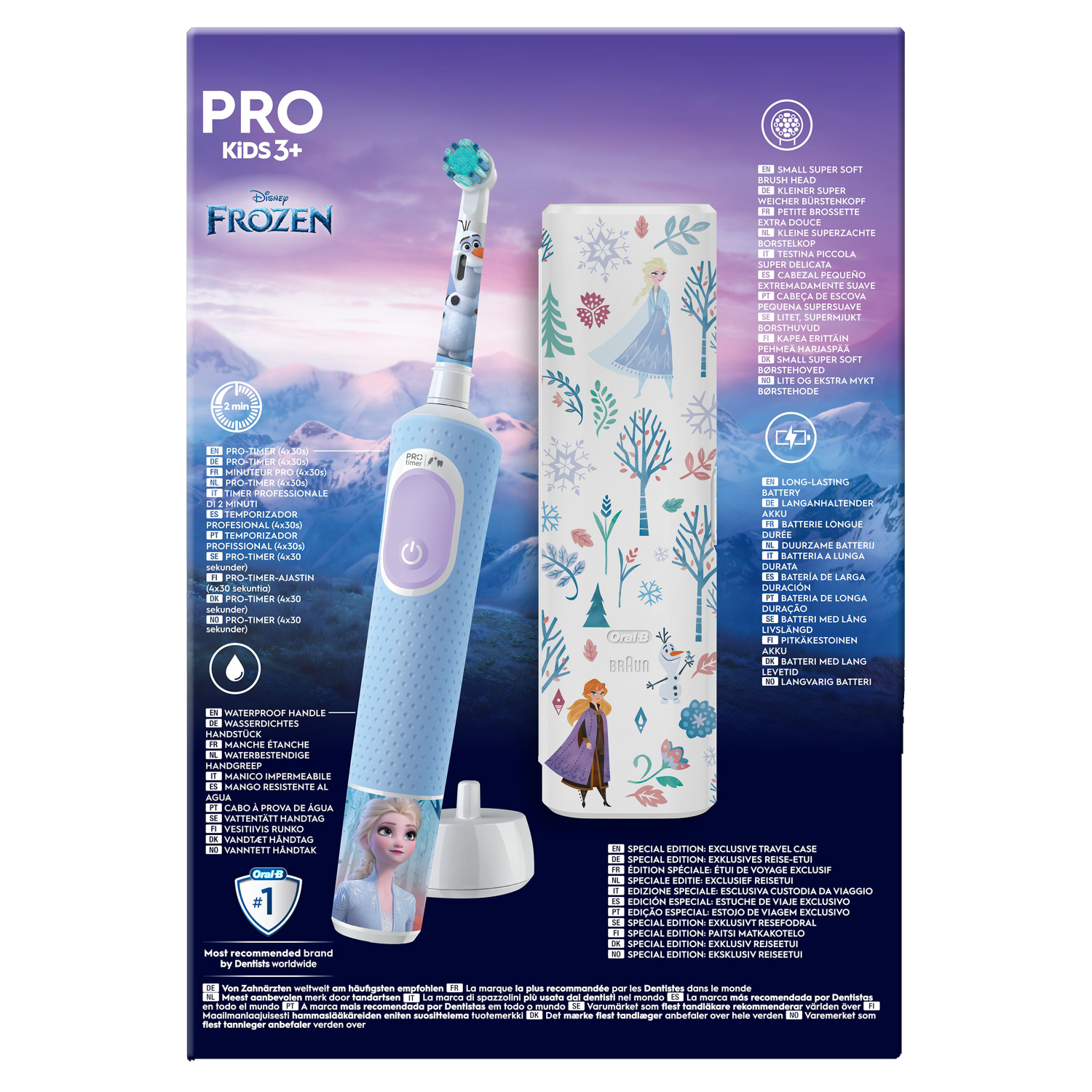 Niebiesko-biała szczoteczka do zębów Oral-B Pro Kids 3+ z motywem Krainy Lodu i jej stacja ładująca.