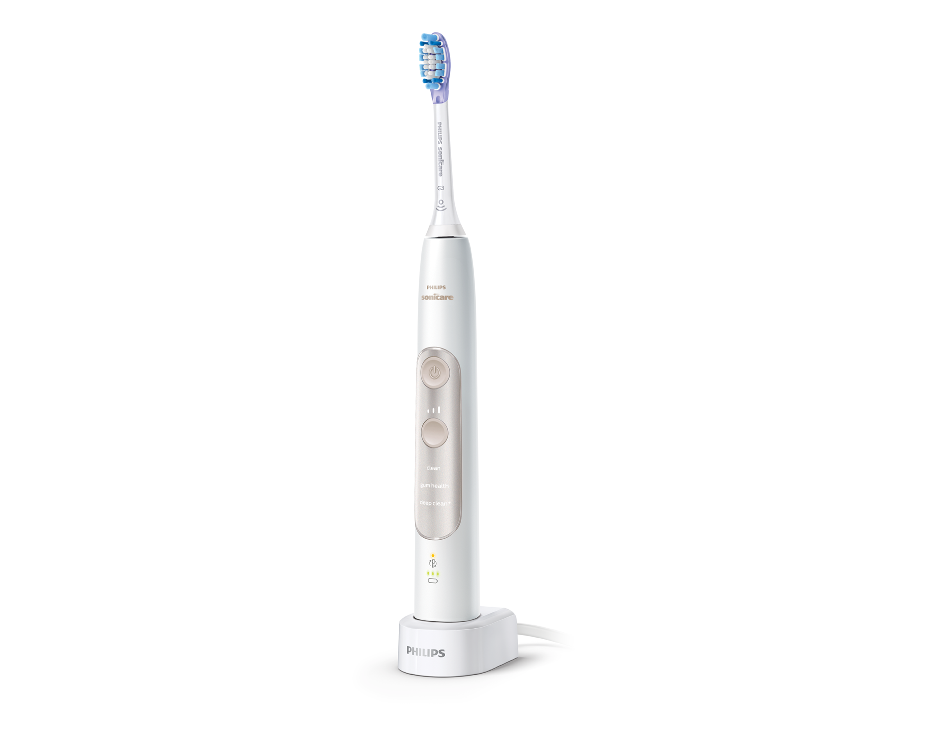 Cepillo de dientes eléctrico Philips Sonicare blanco y gris en su base de carga.