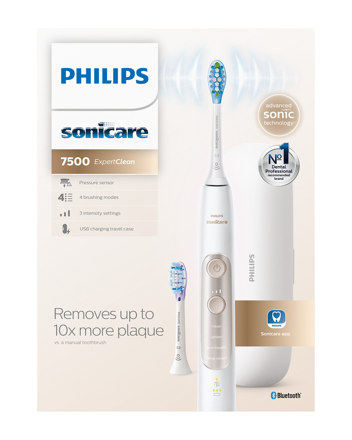 Cepillo de dientes eléctrico, blanco y azul, con funciones enumeradas. La marca es Philips Sonicare.