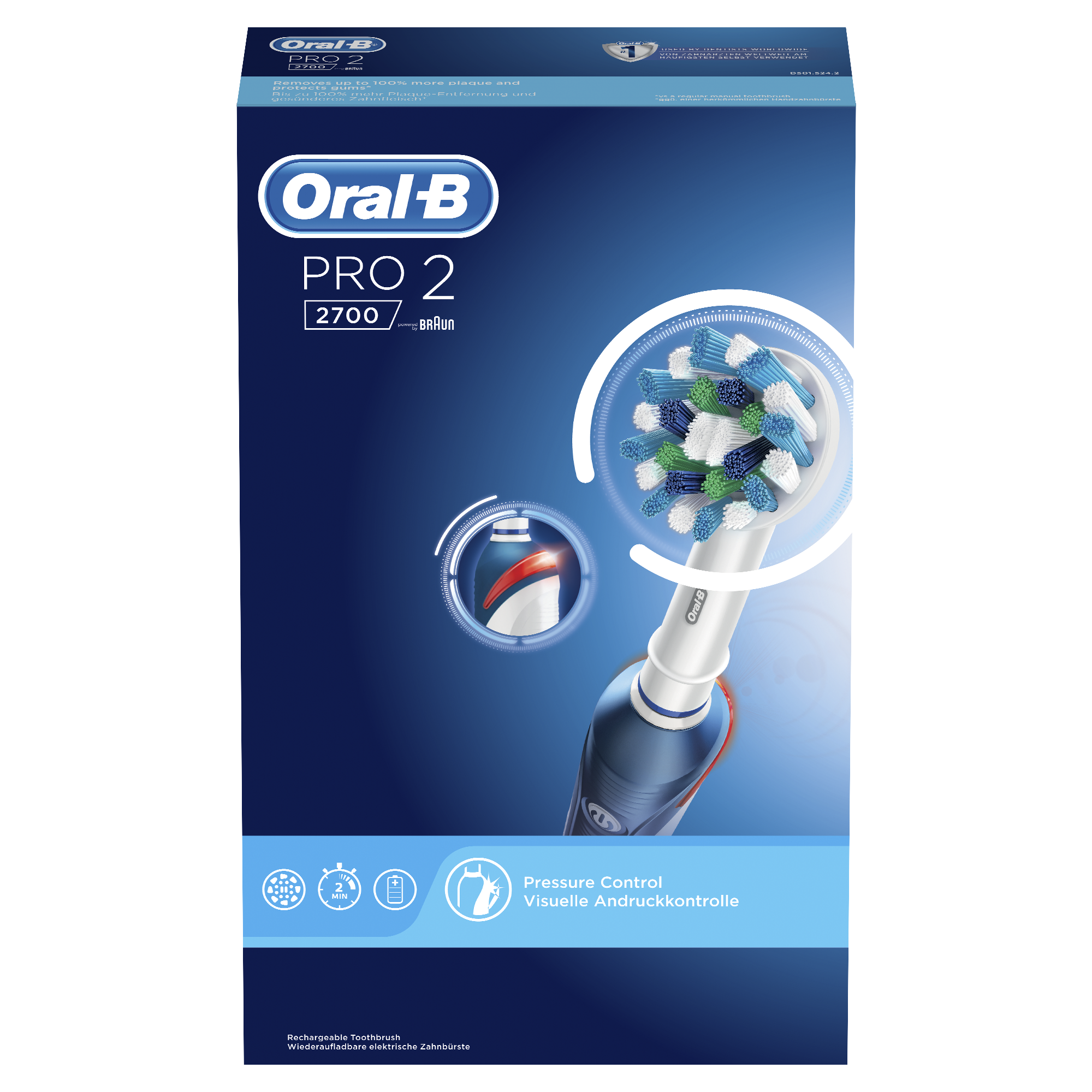 Pudełko szczoteczki elektrycznej Oral-B Pro 2 z widoczną główką i tekstem.