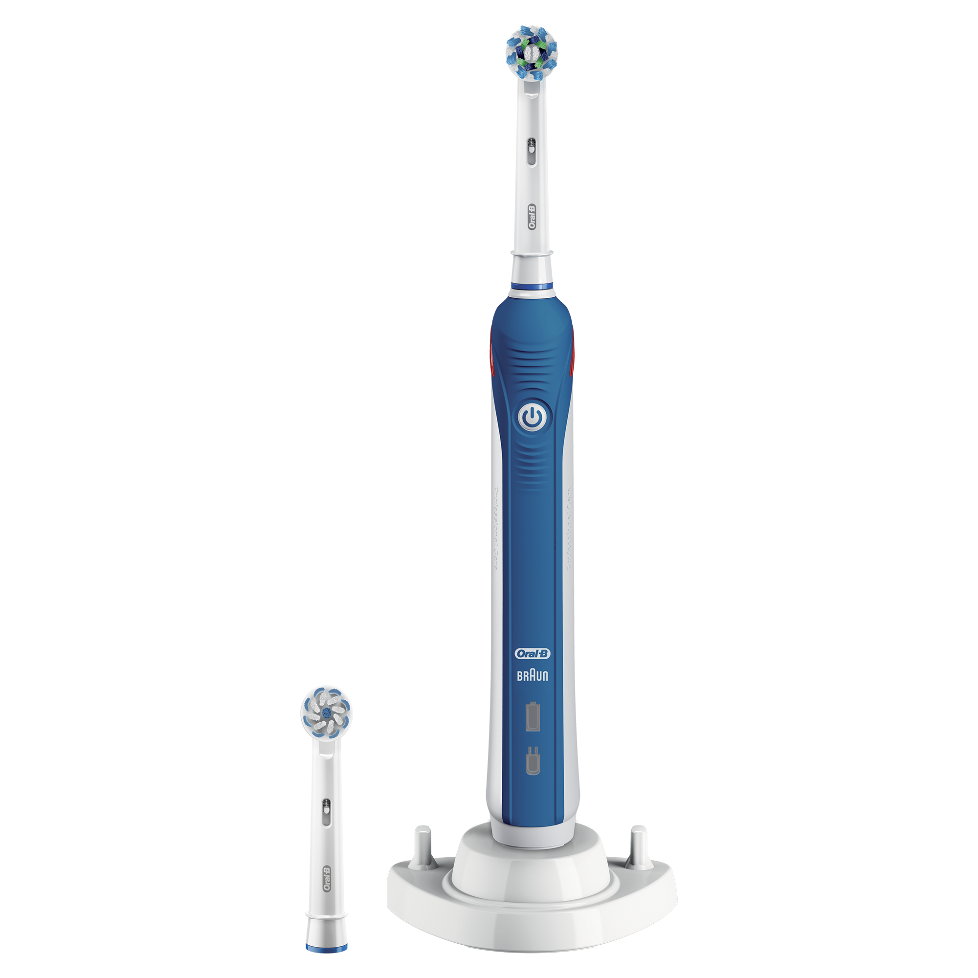 Niebieska elektryczna szczoteczka do zębów z ładowarką i dodatkową główką. Czarne tło.