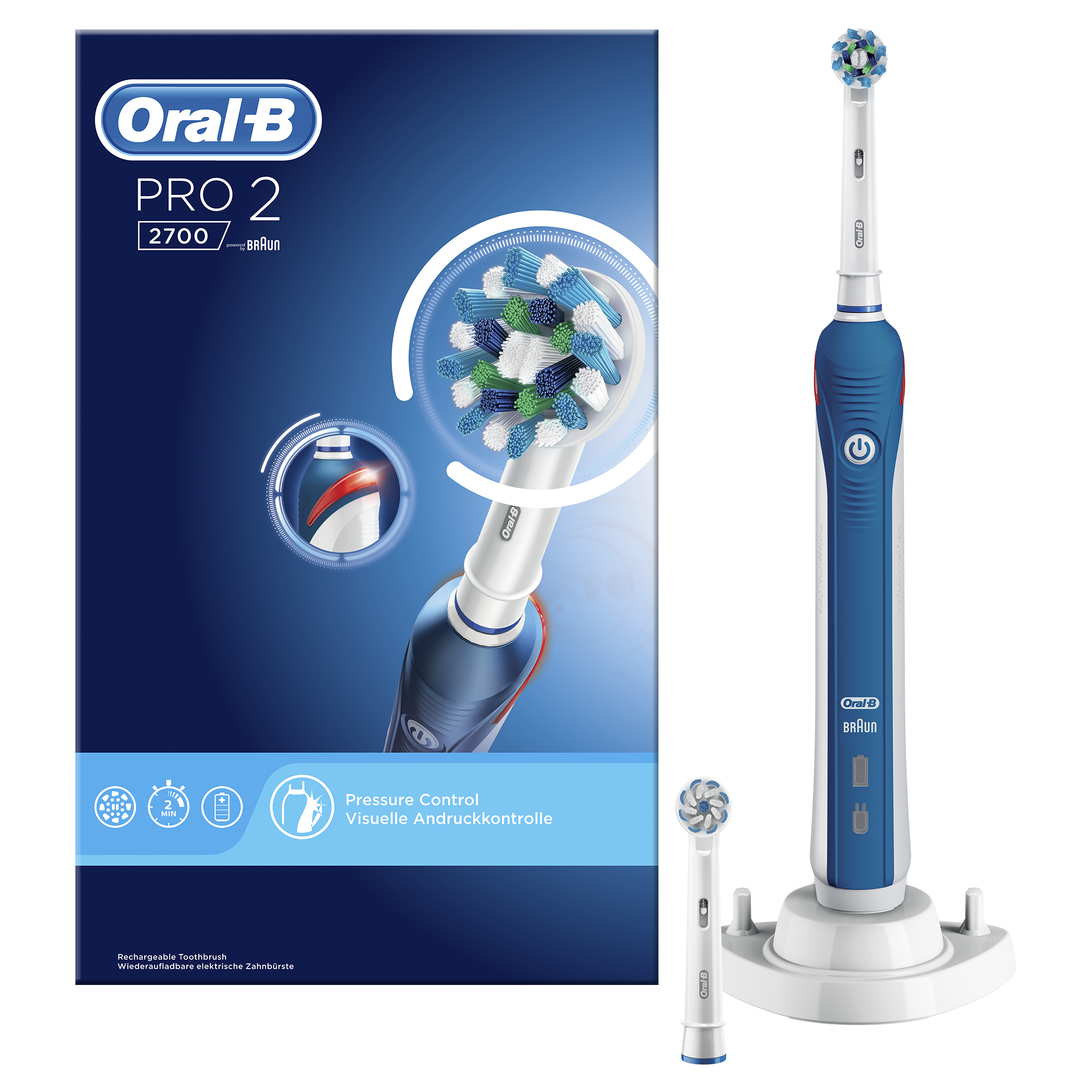 Zestaw szczoteczki elektrycznej Oral-B. Pudełko i szczoteczka w widoku.