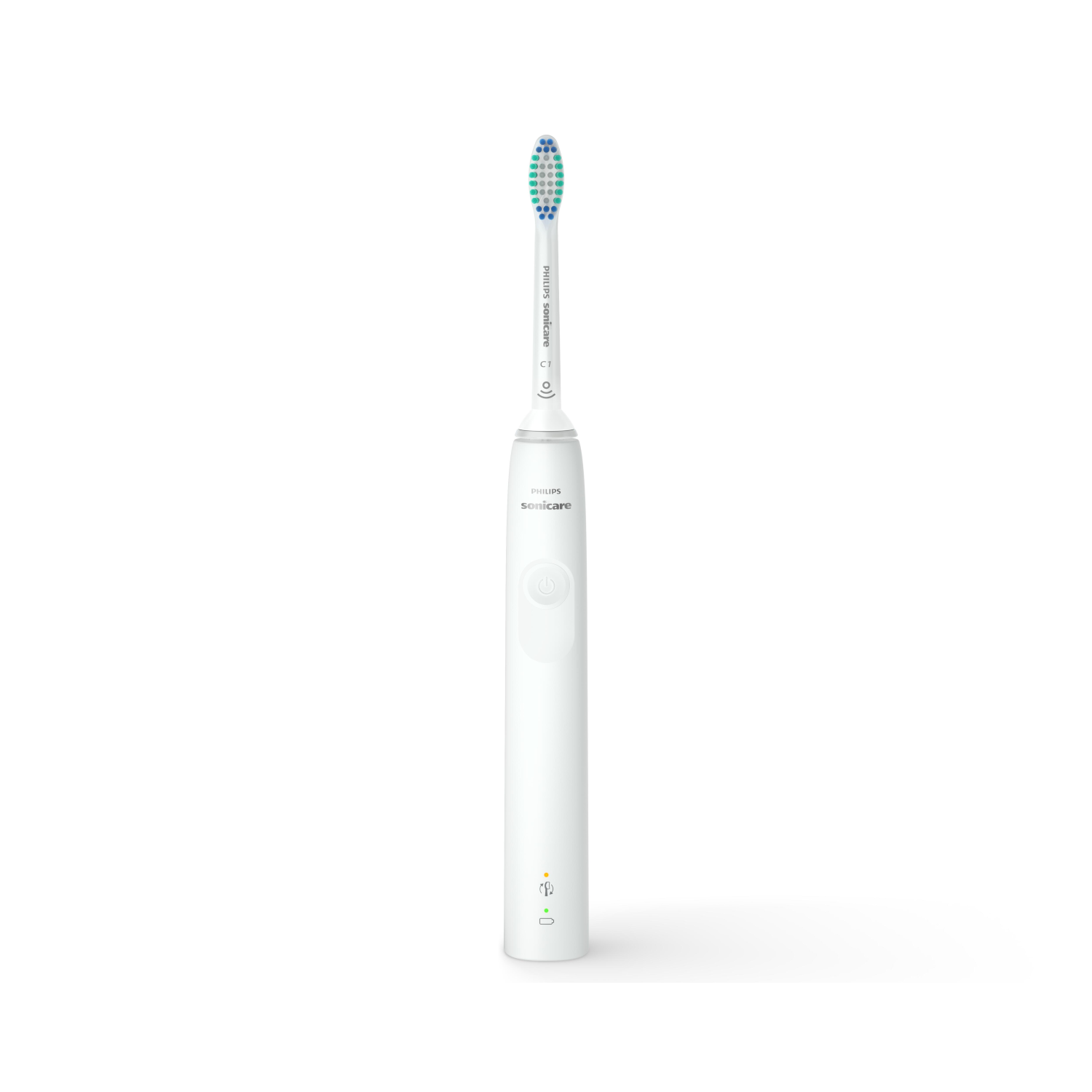Biała szczoteczka do zębów Philips Sonicare. Ma niebiesko-zieloną główkę szczoteczki.