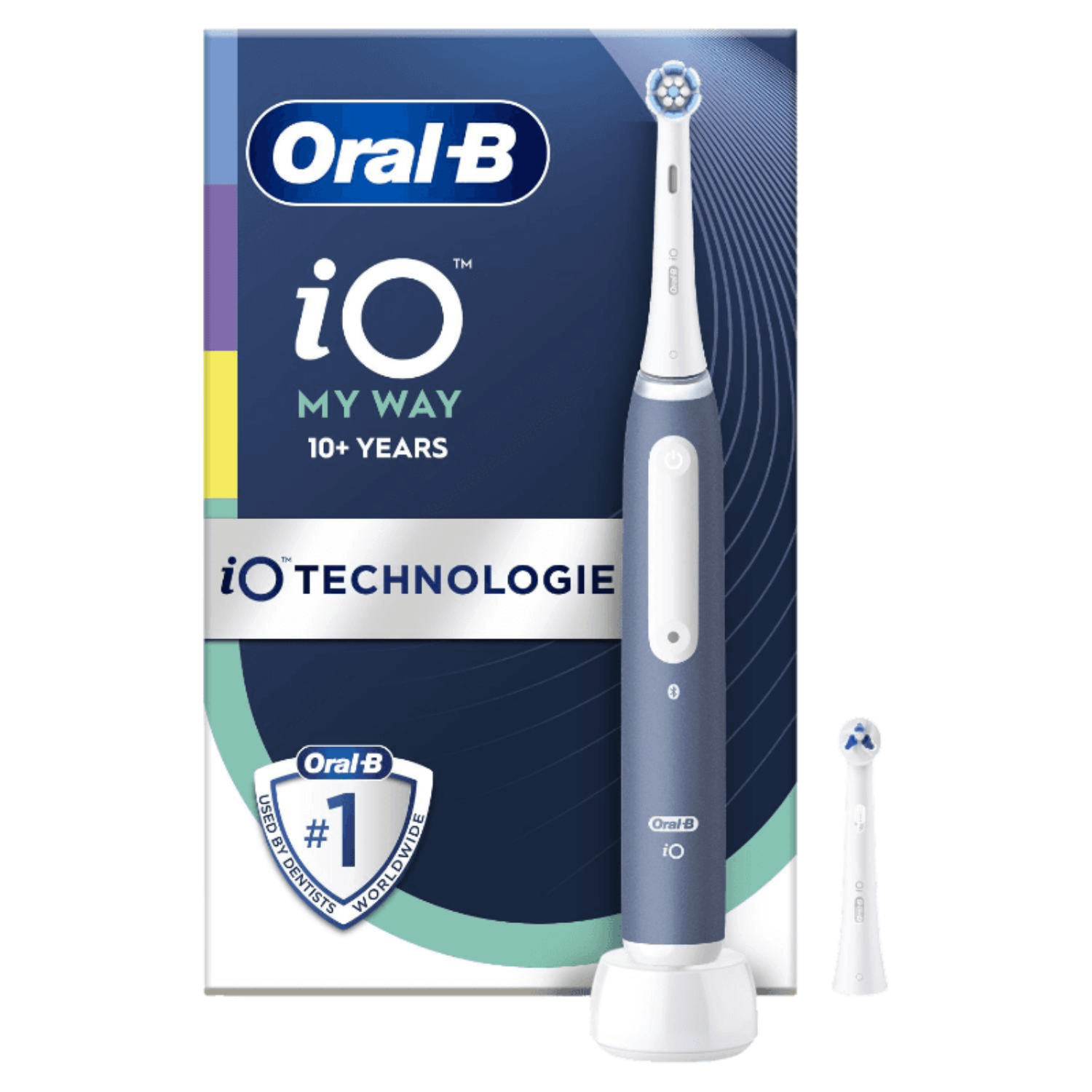 Szczoteczka elektryczna Oral-B iO z pudełkiem i dodatkową główką szczoteczki.