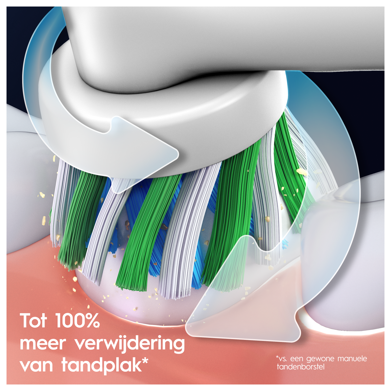 Szczoteczka do zębów czyszcząca zęby, pokazująca włosie i kierunek czyszczenia.