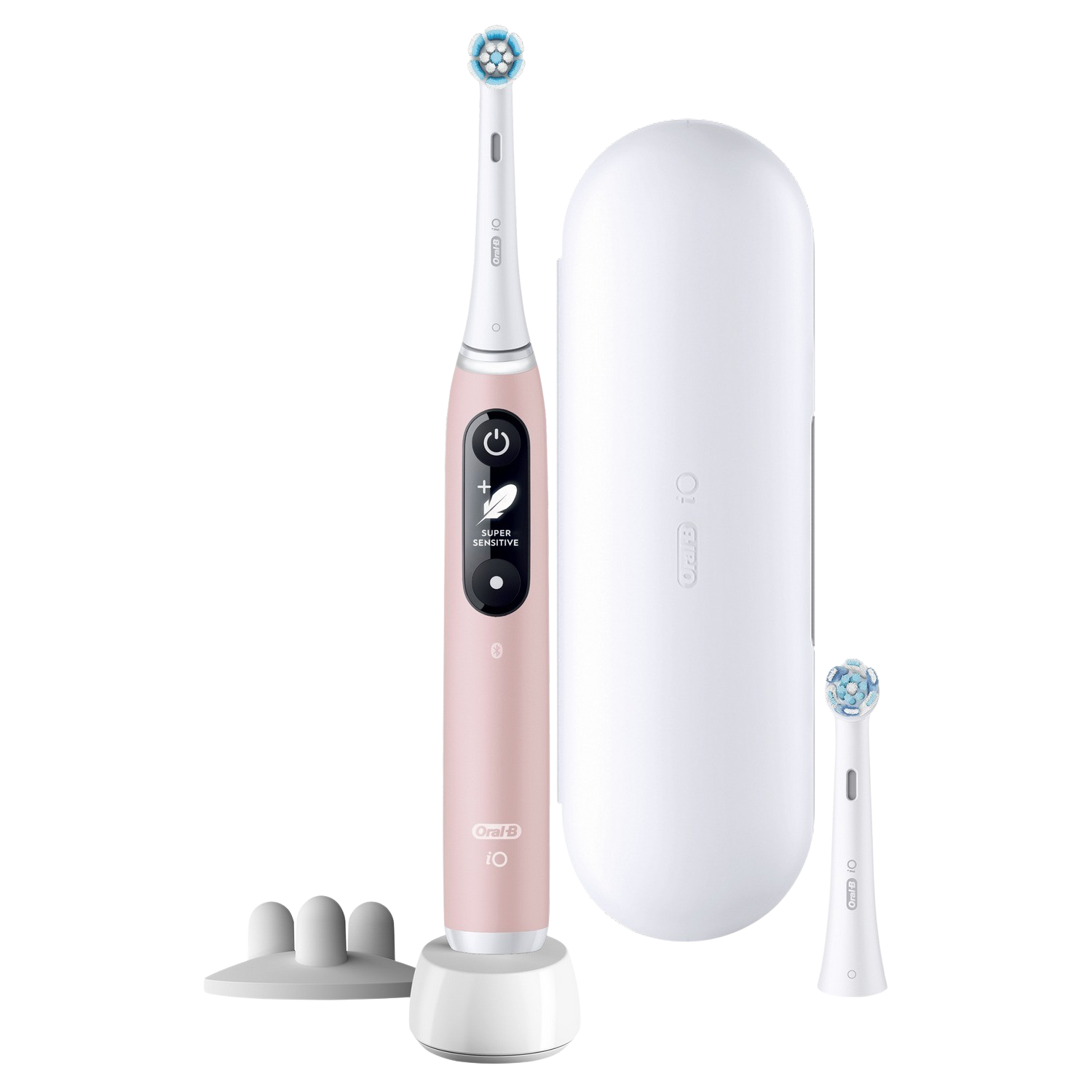 Różowa elektryczna szczoteczka do zębów, stacja ładująca i dodatkowa końcówka. Szczoteczka ma czarny ekran.