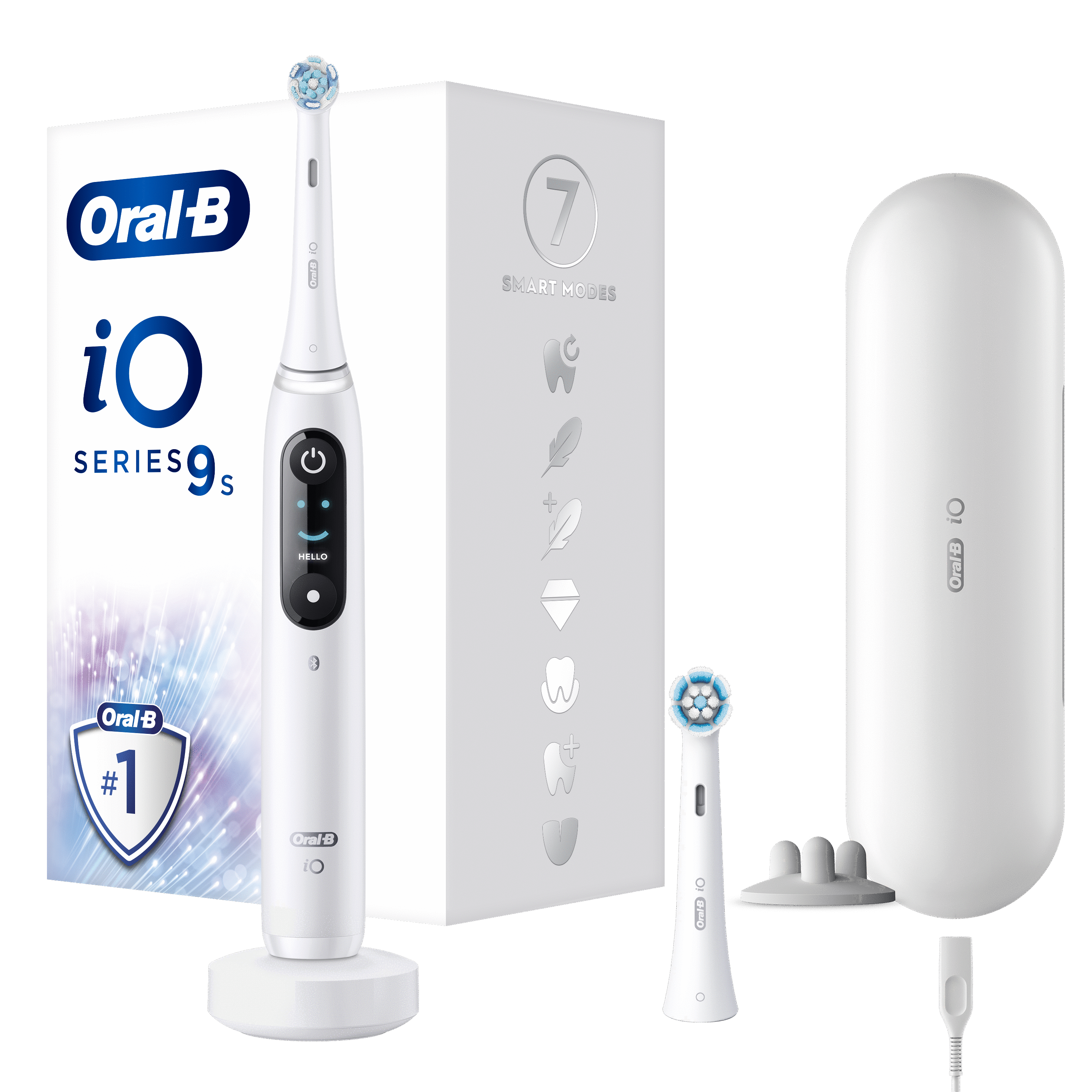Cepillo de dientes eléctrico blanco Oral-B iO Series 9s, cargador y cabezal.
