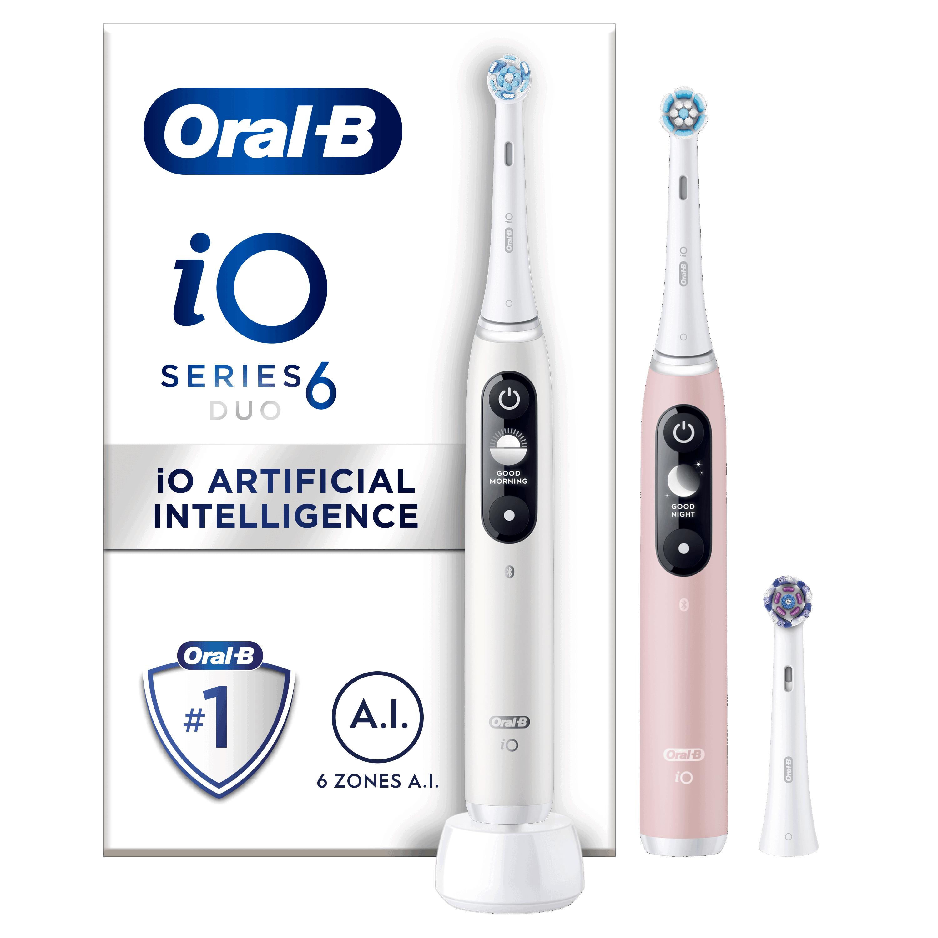 Un set spazzolino elettrico Oral-B iO Series 6 Duo con due spazzolini e una scatola.