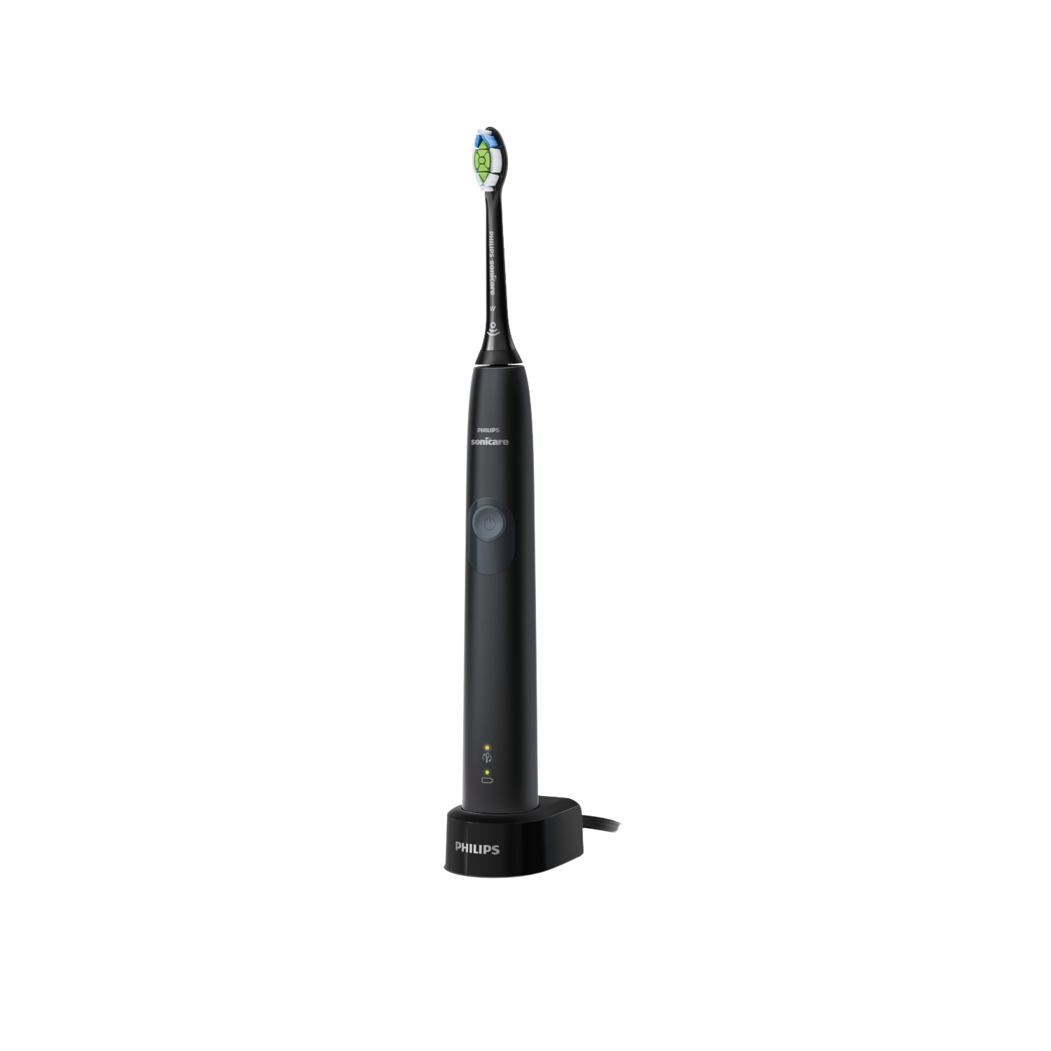 Czarna elektryczna szczoteczka do zębów na stacji ładującej, czarne tło.