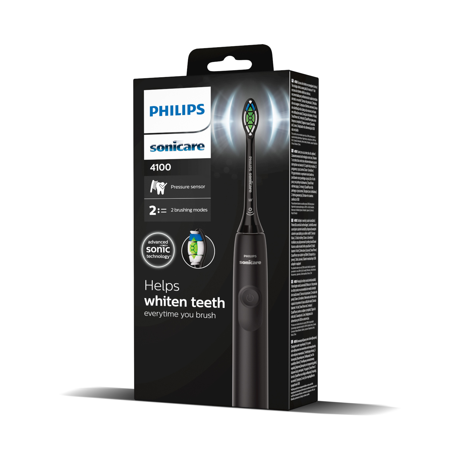 Czarna szczoteczka do zębów Philips Sonicare w pudełku. Białe tło, zdjęcie produktu.