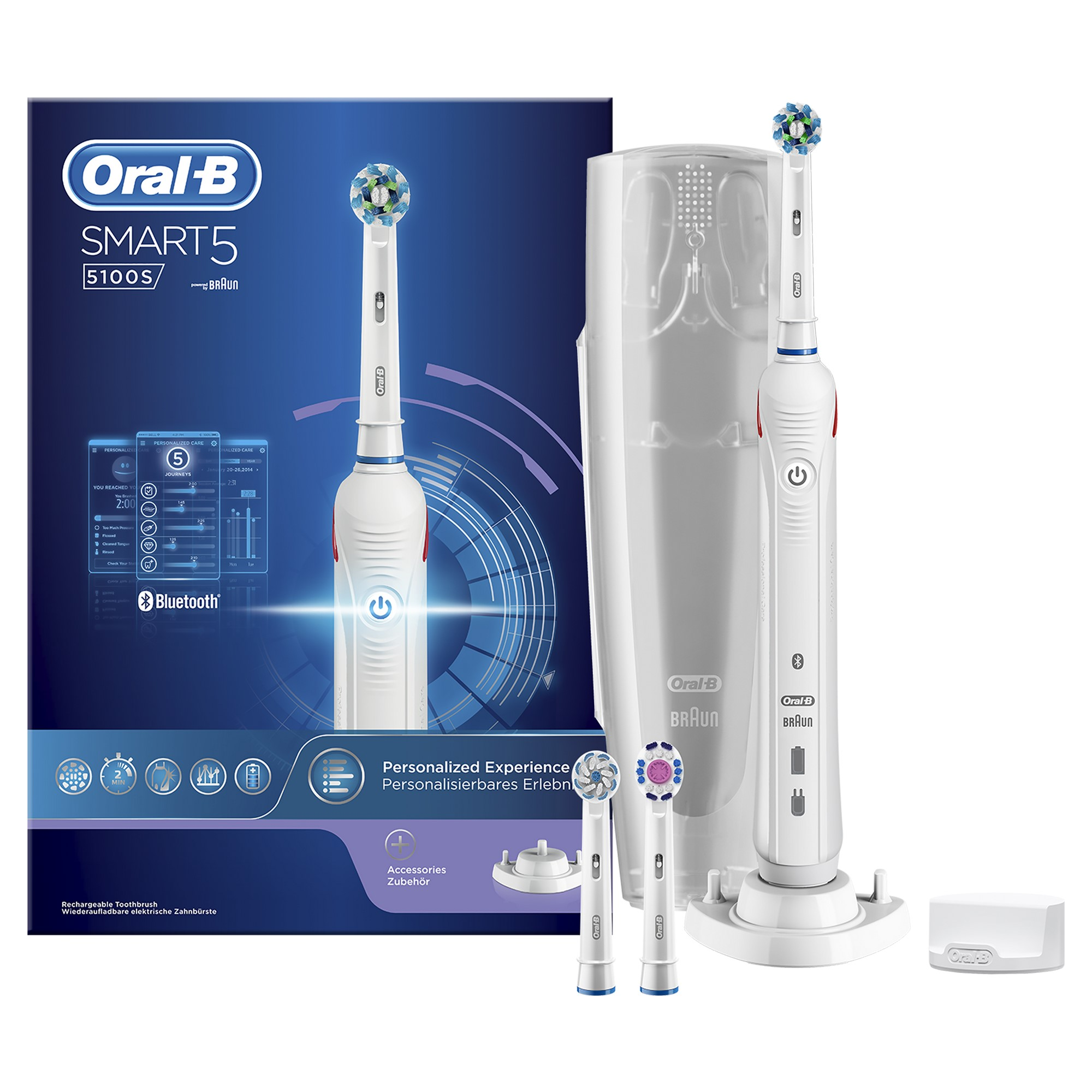 Elektrische tandenborstelset met oplader, opzetborstels en verpakking, merk Oral-B.