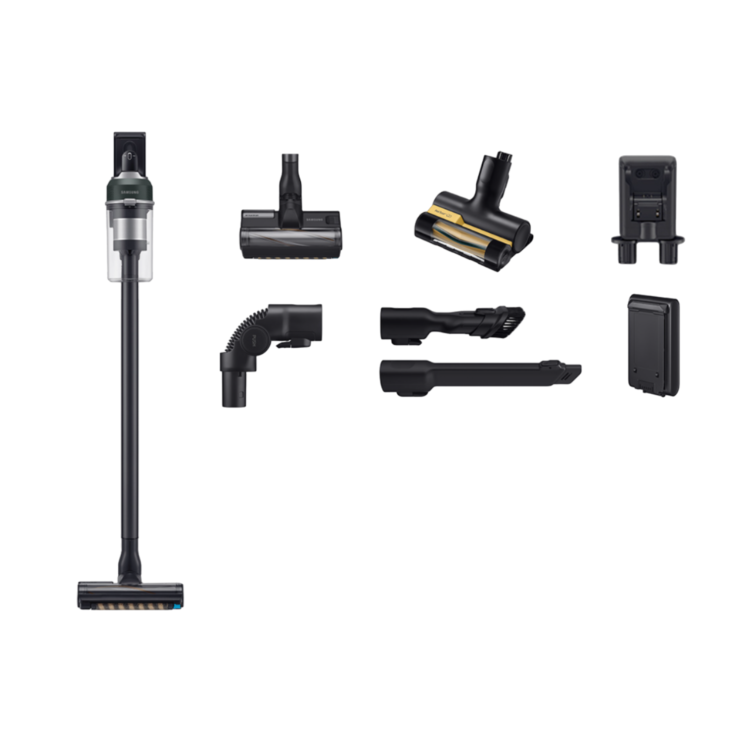 Un aspirapolvere Samsung nero con accessori su sfondo nero.
