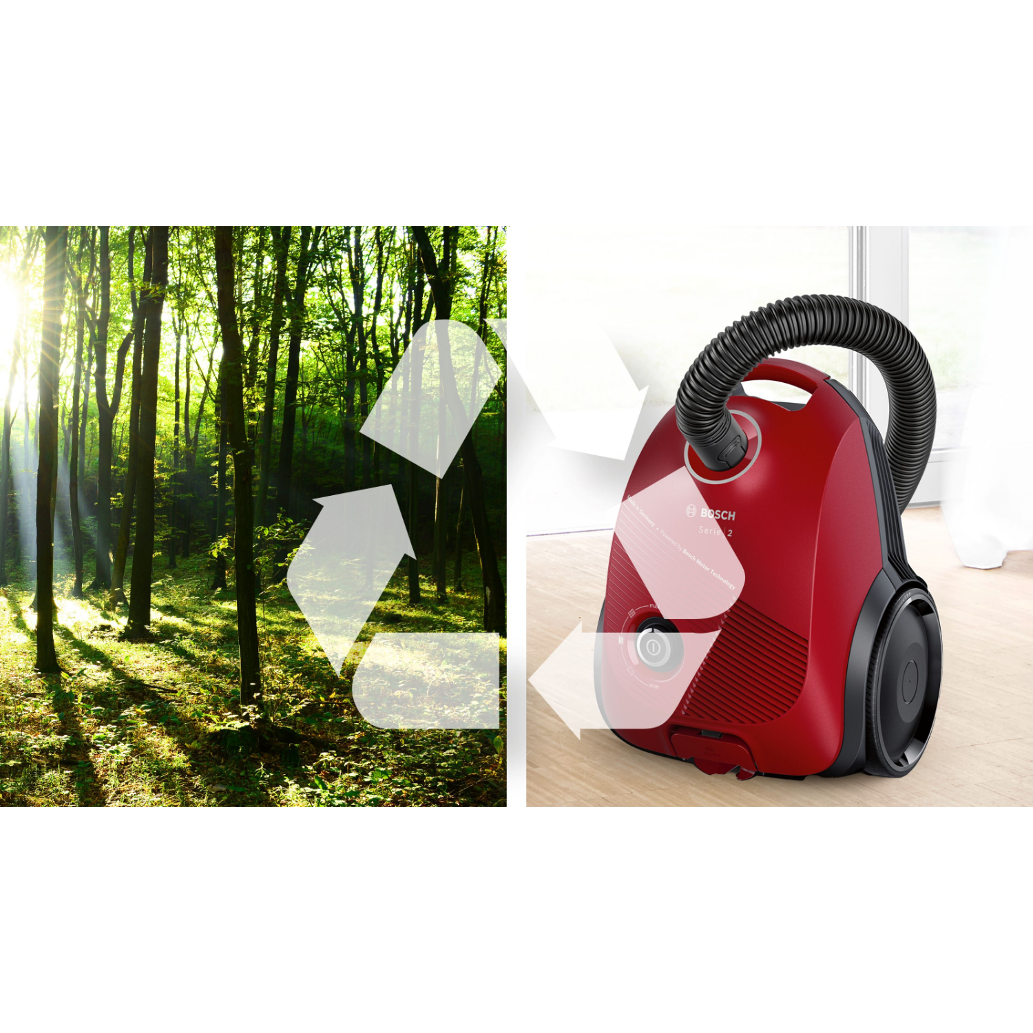 Un aspirapolvere rosso accanto a una scena di foresta con simbolo di riciclaggio, che sottolinea la consapevolezza ambientale.